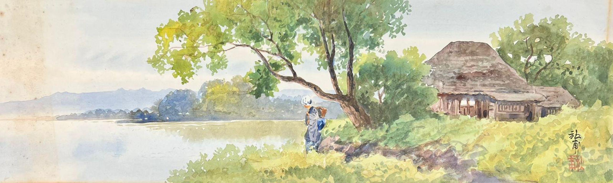 Chinese artist Landscape Art - Antique Impressionist Signed Painting Lady by Lake in Landscape