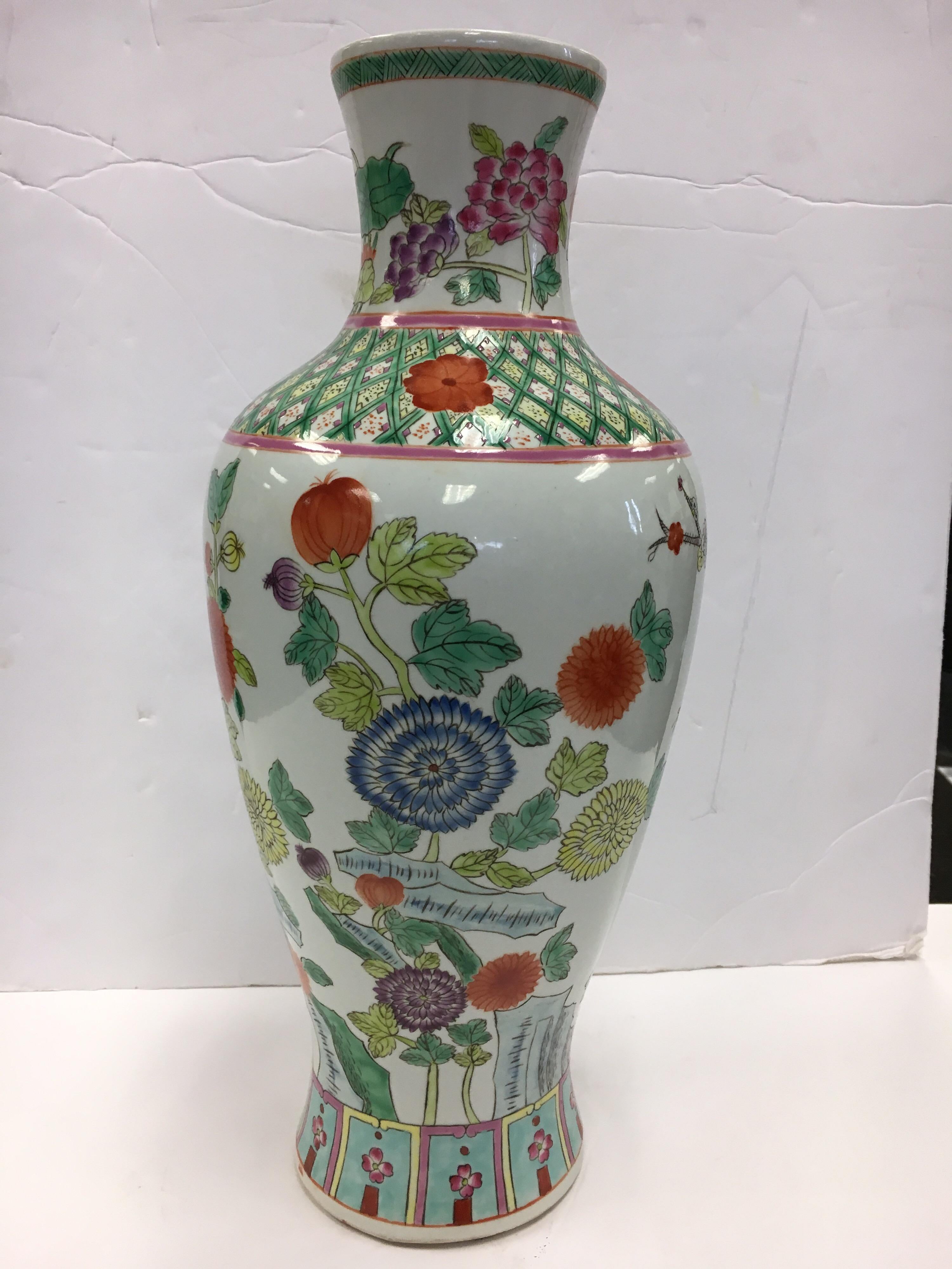 Chinoiserie Chinese Asian Baluster Form Porcelain Hand Painted Vase with Flowers and Vine