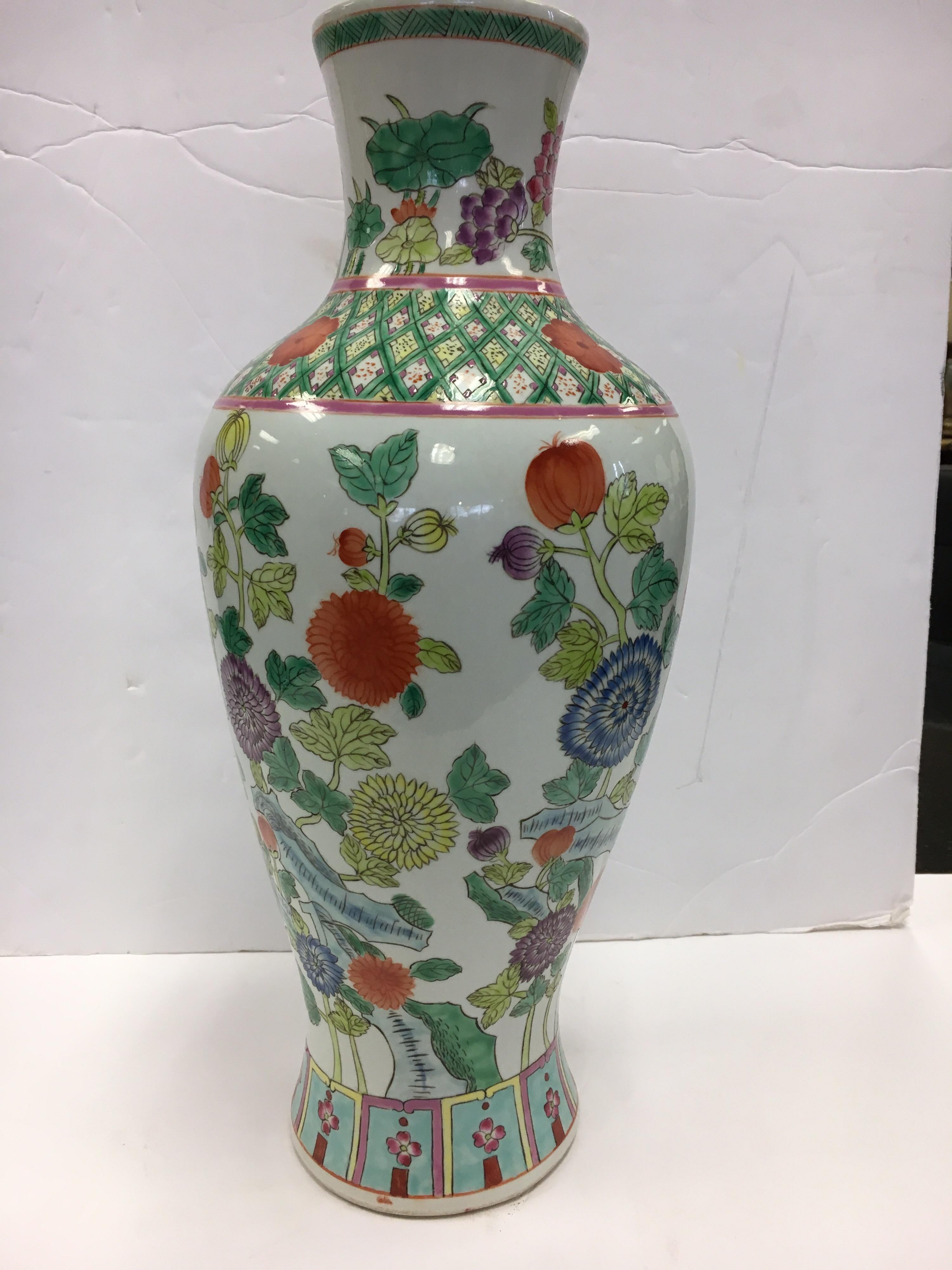 Chinese Asian Baluster Form Porcelain Hand Painted Vase with Flowers and Vine In Good Condition In West Hartford, CT