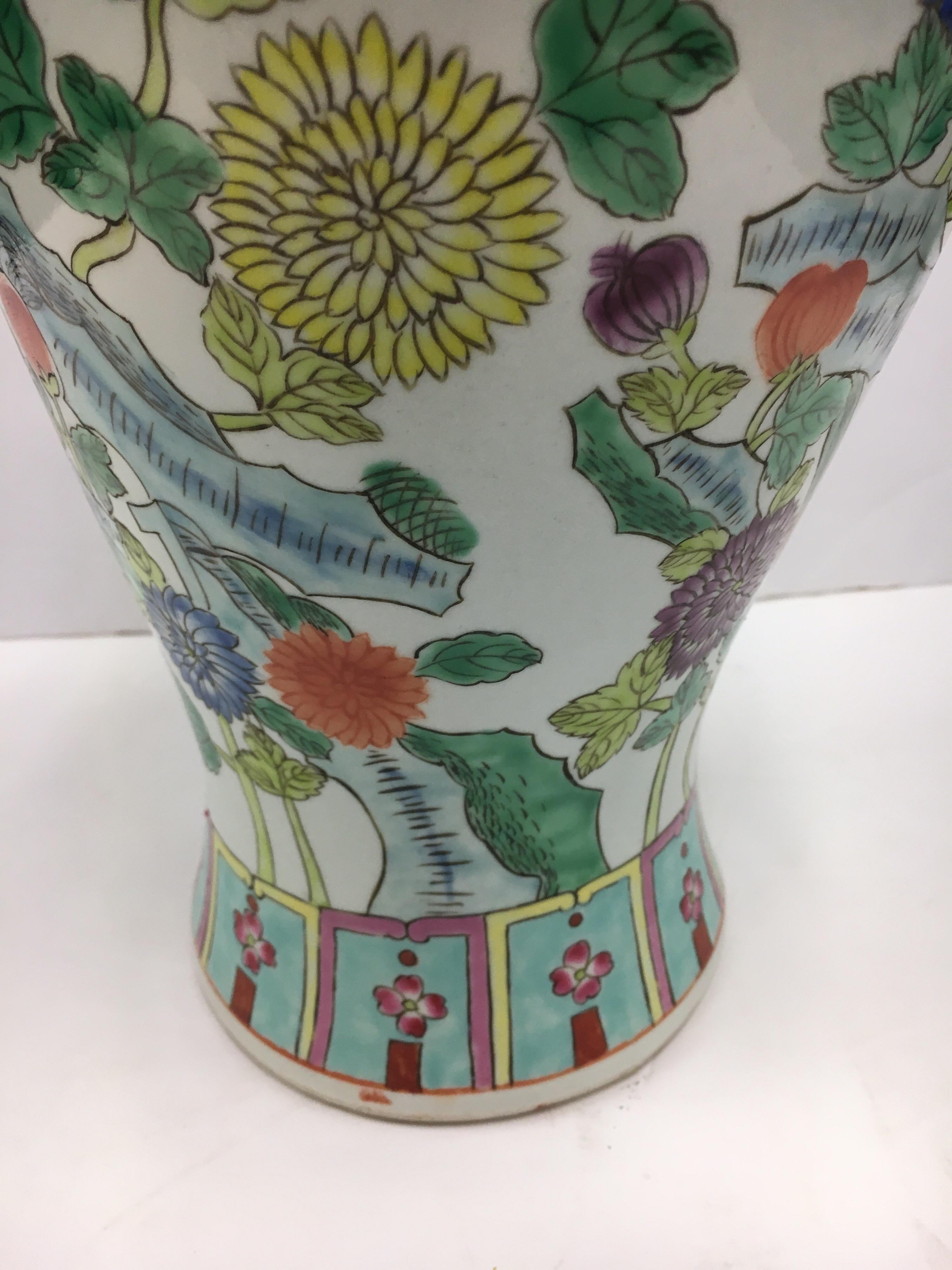 Mid-20th Century Chinese Asian Baluster Form Porcelain Hand Painted Vase with Flowers and Vine