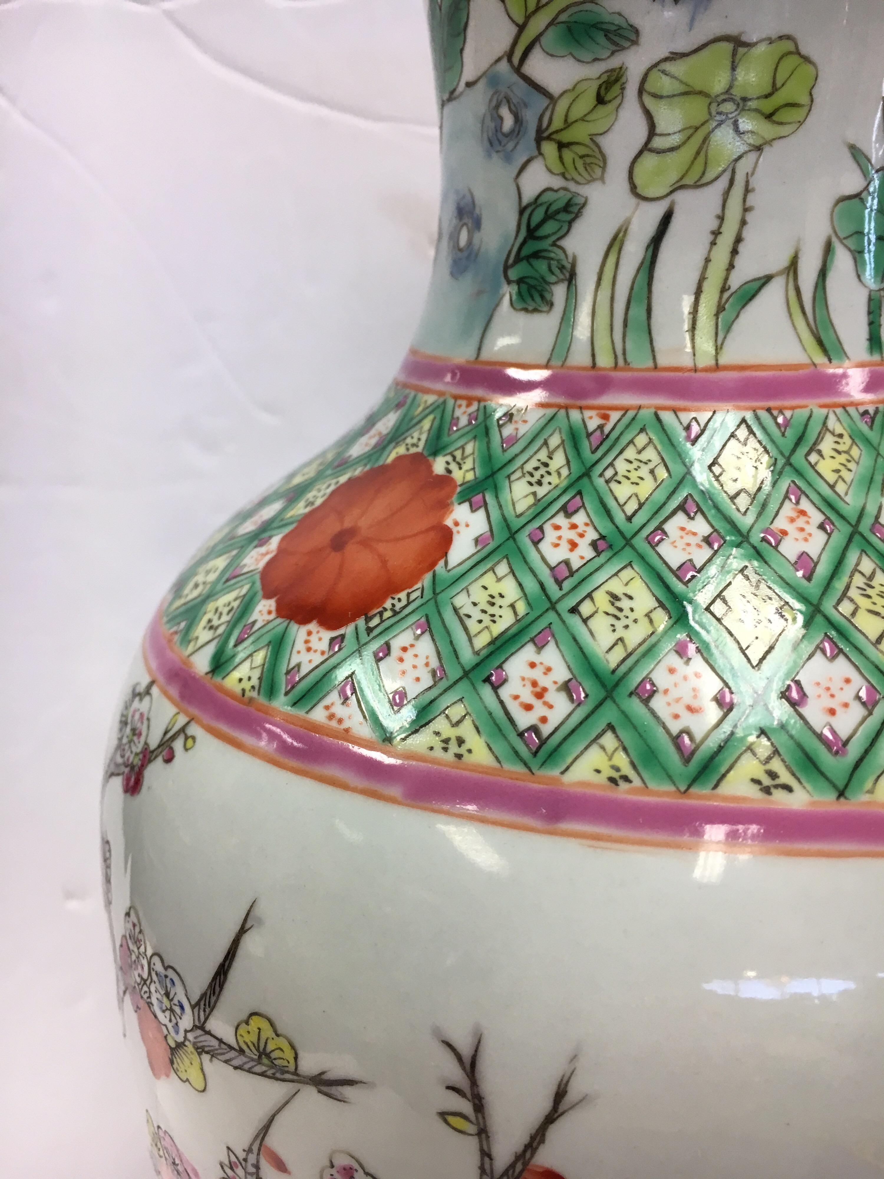 Chinese Asian Baluster Form Porcelain Hand Painted Vase with Flowers and Vine 1