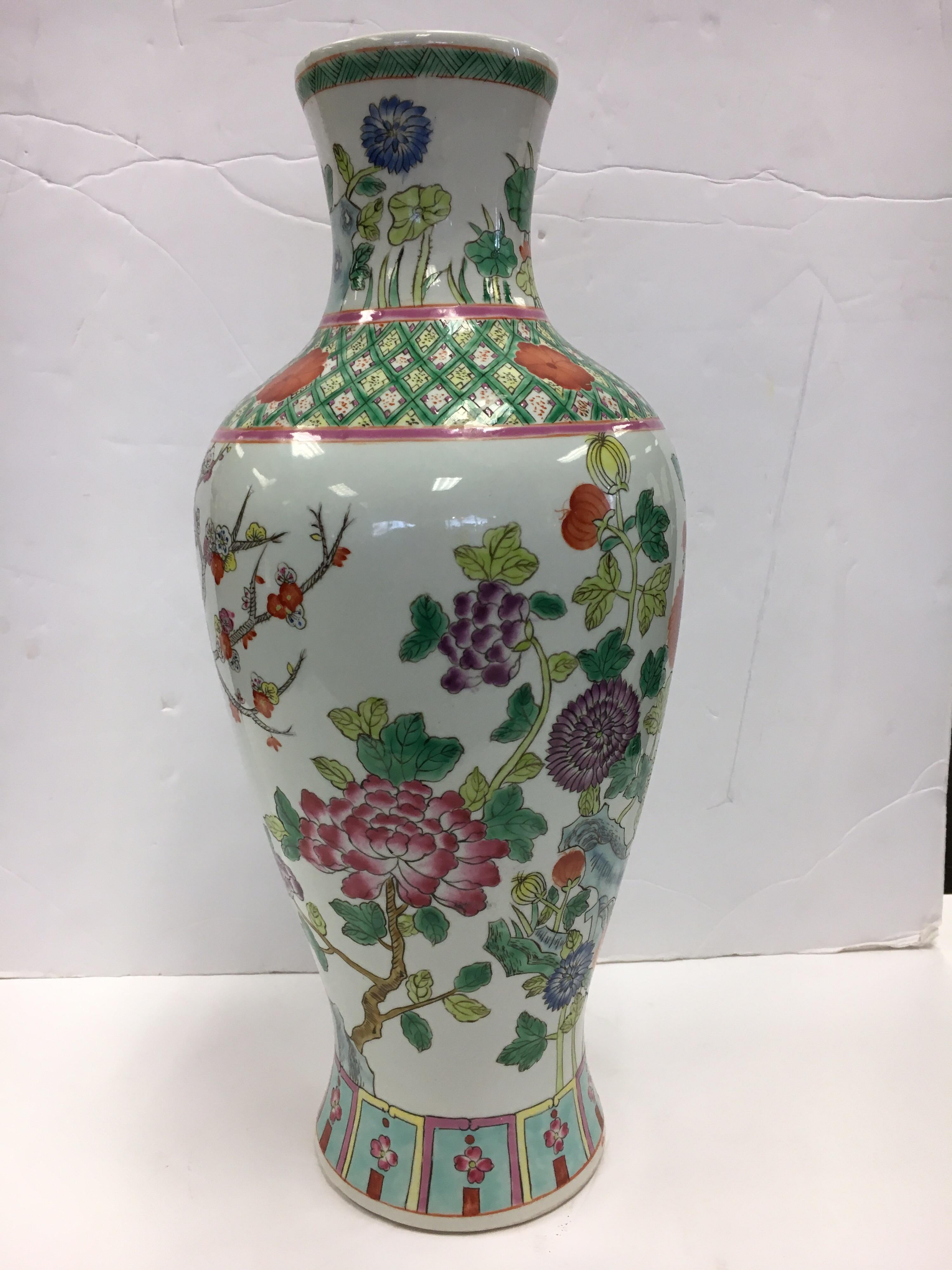 Chinese Asian Baluster Form Porcelain Hand Painted Vase with Flowers and Vine 2