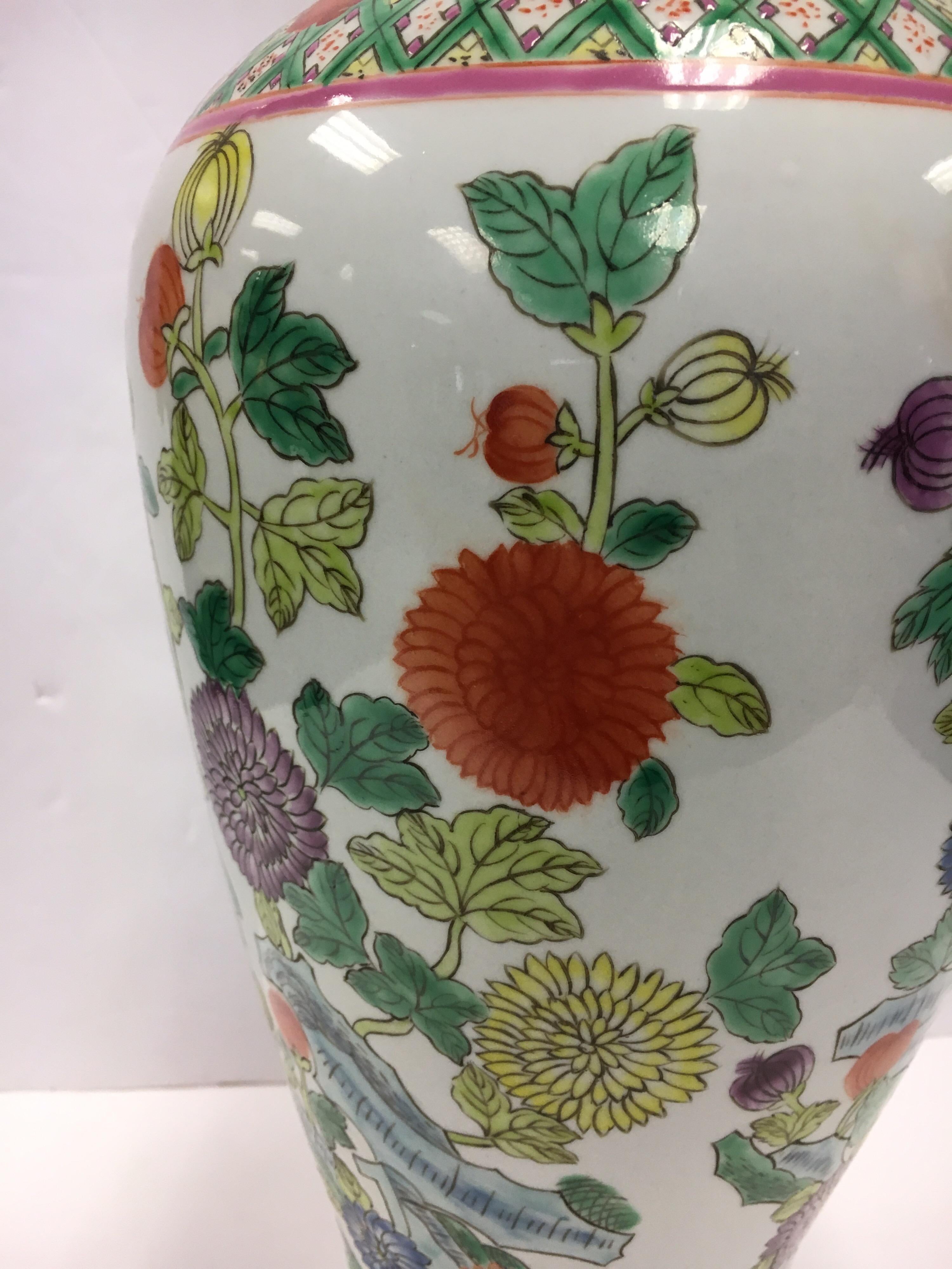 Chinese Asian Baluster Form Porcelain Hand Painted Vase with Flowers and Vine 3