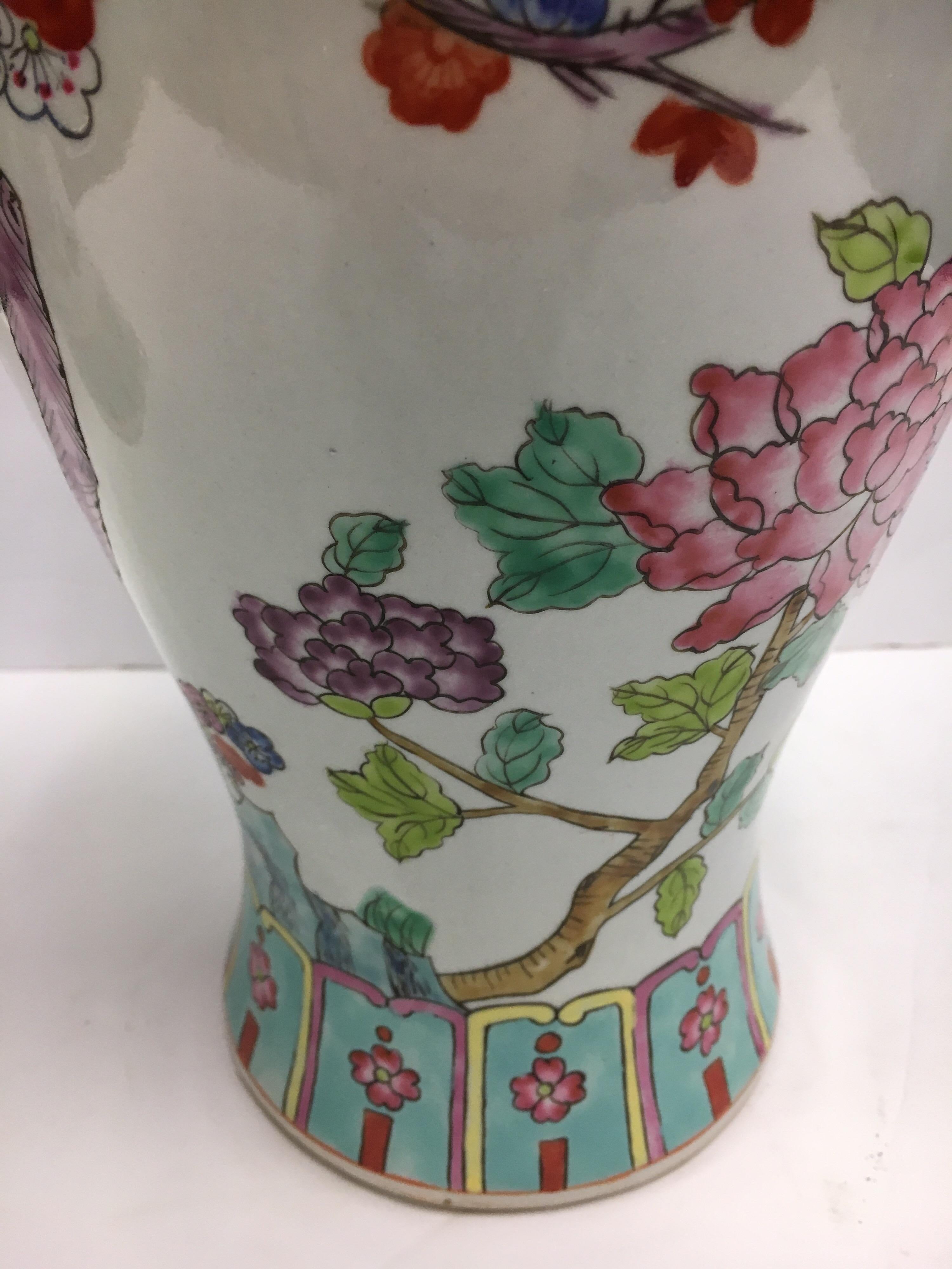 Chinese Asian Baluster Form Porcelain Vase with Intricate Painted Flowers & Vine 5