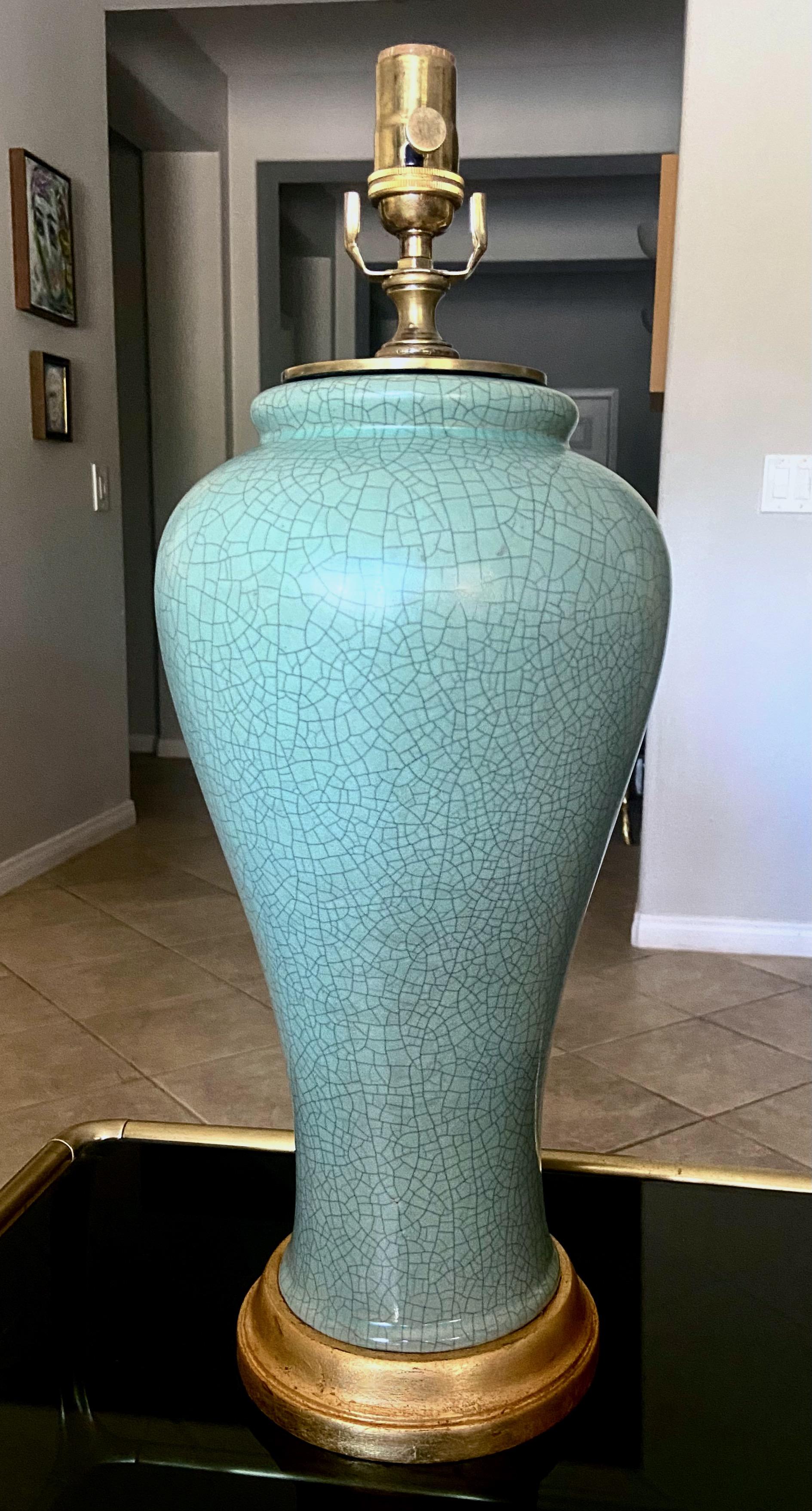 Mid-20th Century Chinese Asian Celadon Crackle Porcelain Table Lamp For Sale