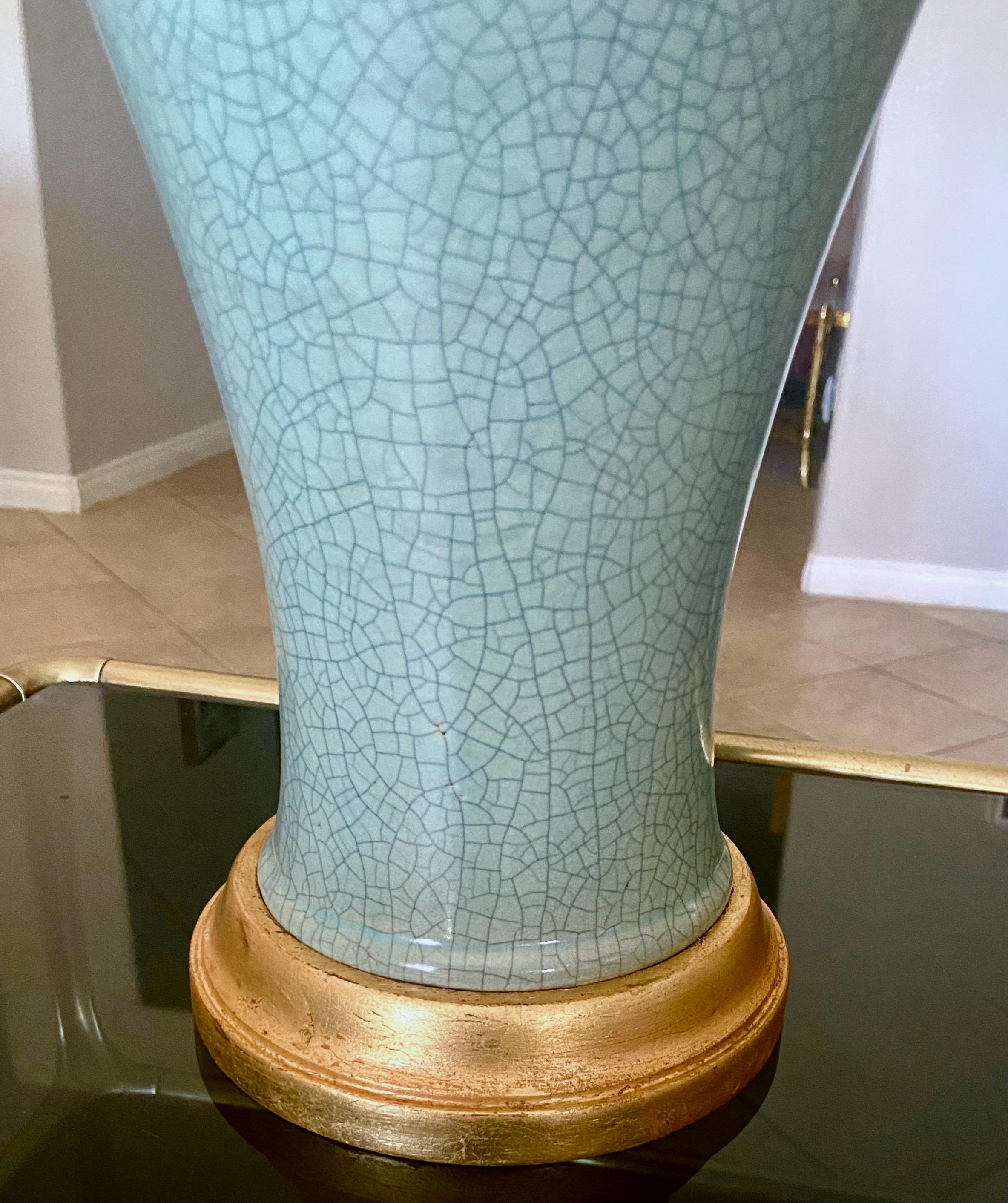 Brass Chinese Asian Celadon Crackle Porcelain Table Lamp For Sale