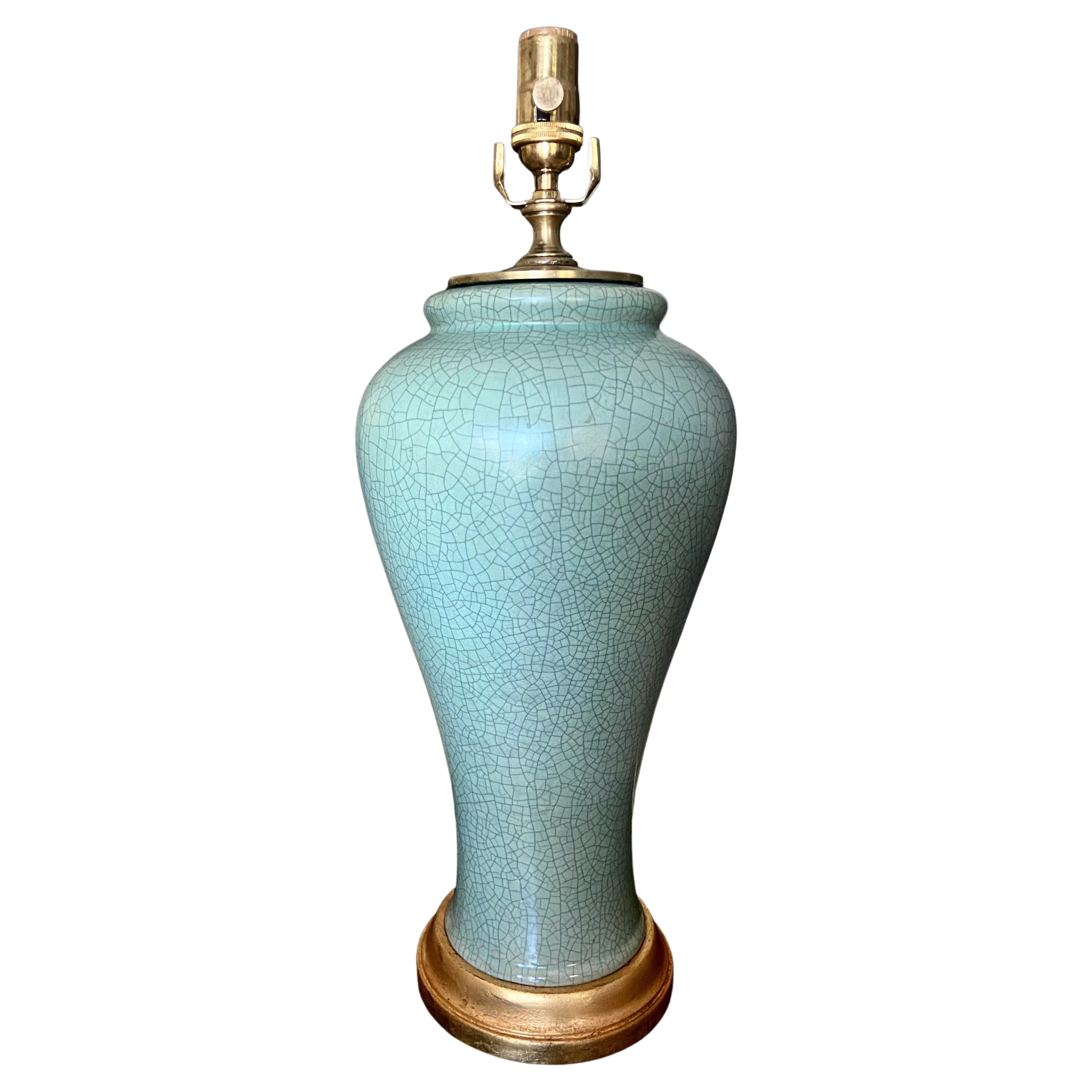 Chinese Asian Celadon Crackle Porcelain Table Lamp For Sale