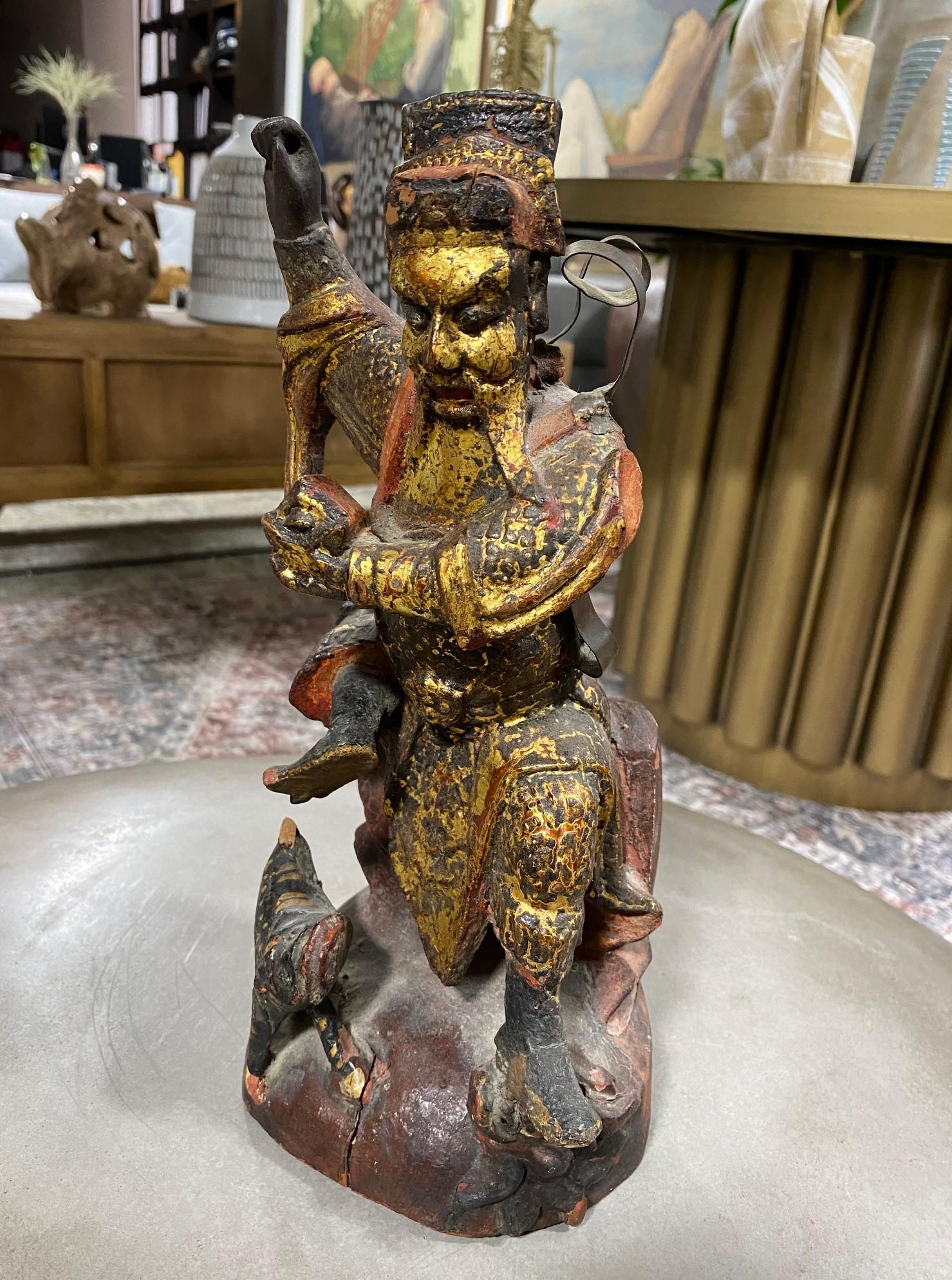 Chinese Asian Giltwood Carved Ancestor Temple Shrine Emperor Figure with Tiger For Sale 4