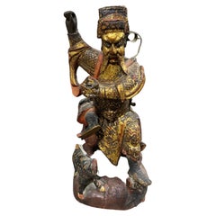 Chinese Asian Gilt Wood Carved Ancestor Temple Shrine Emperor Figure with Tiger