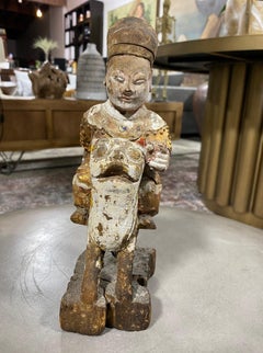 Chinese Asian Giltwood Carved Ancestor Temple Shrine Emperor Figure on Animal