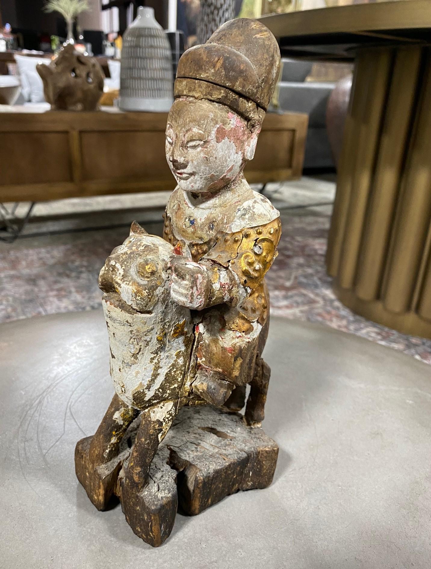 Hand-Carved Chinese Asian Giltwood Carved Ancestor Temple Shrine Emperor Figure on Animal For Sale