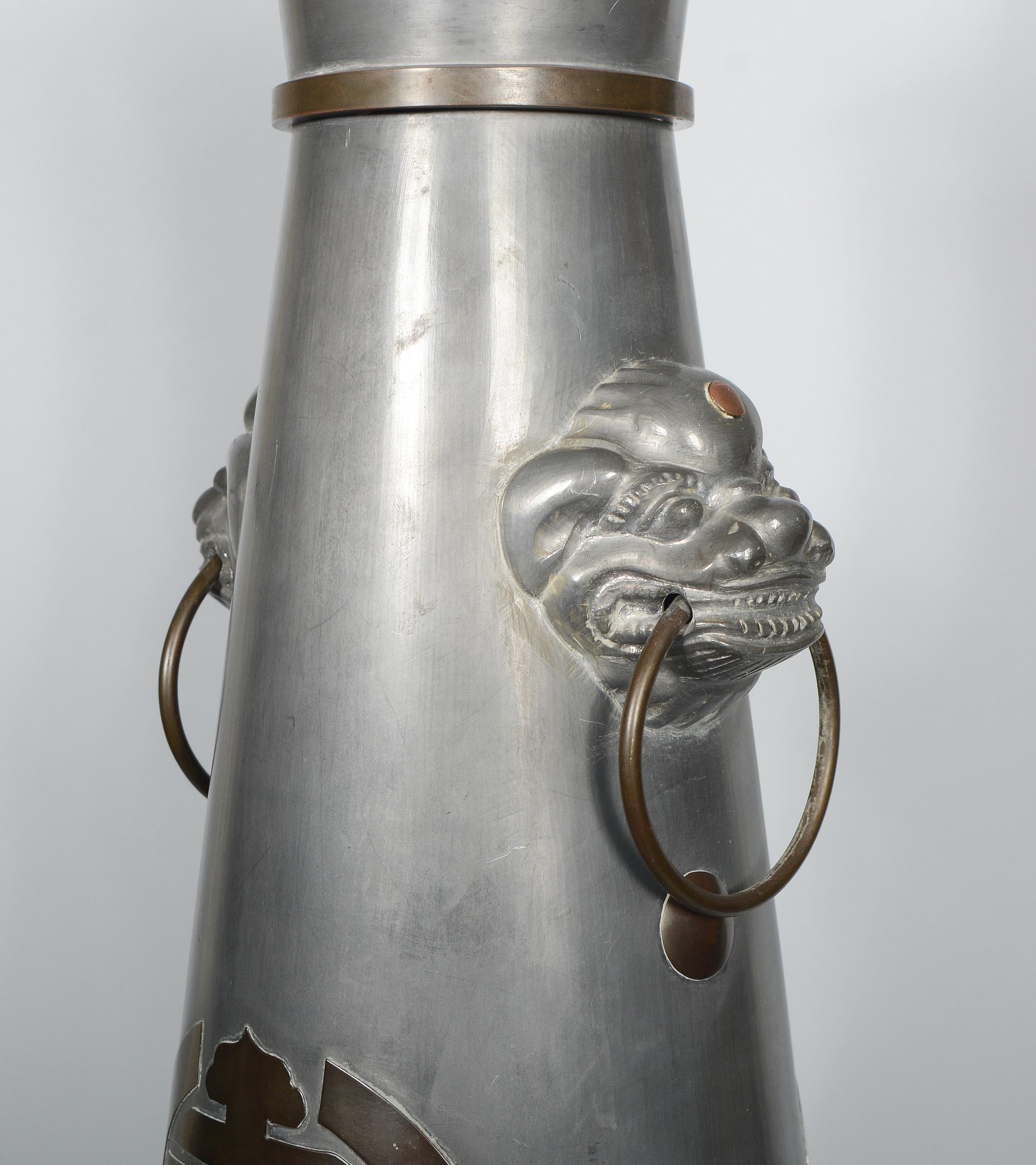 Chinese Asian Style Pewter and Brass Table Lamp with Foo Dogs 2