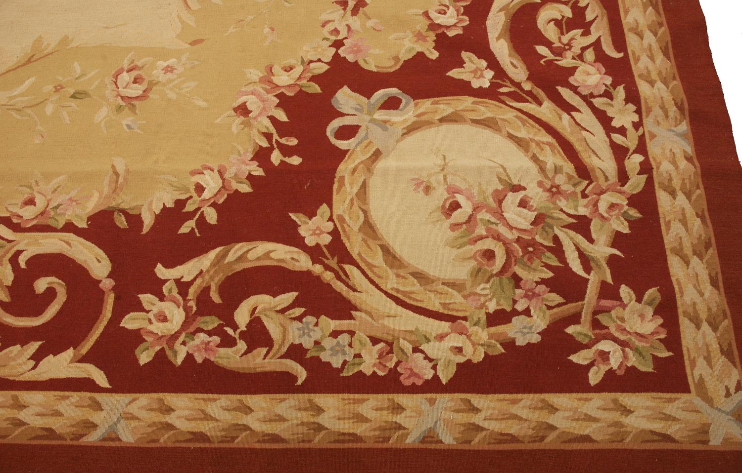 Hand-Knotted Chinese Aubusson Flat-Weave Rug with Medallion and Floral Design, 21st Century