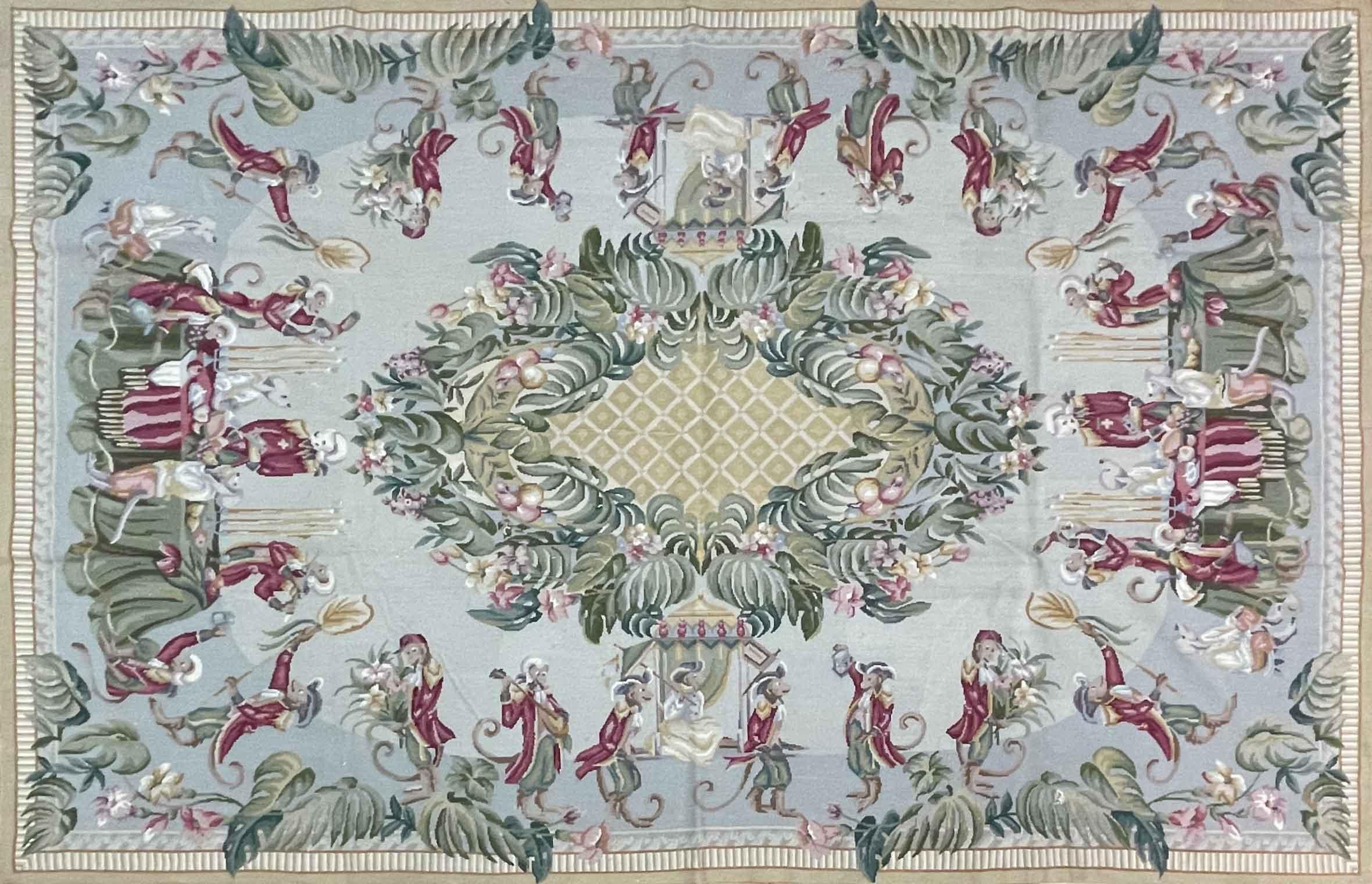 Beautiful vintage French style needlepoint wool rug with a muted green  field. A gorgeous floral pattern Aubusson design.

This rug measures 5'8