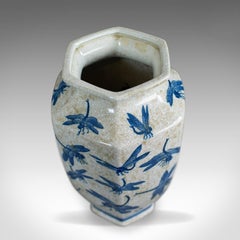 Chinese Baluster Vase, Oriental Hexagonal Blue and White, Dragonfly 20th Century