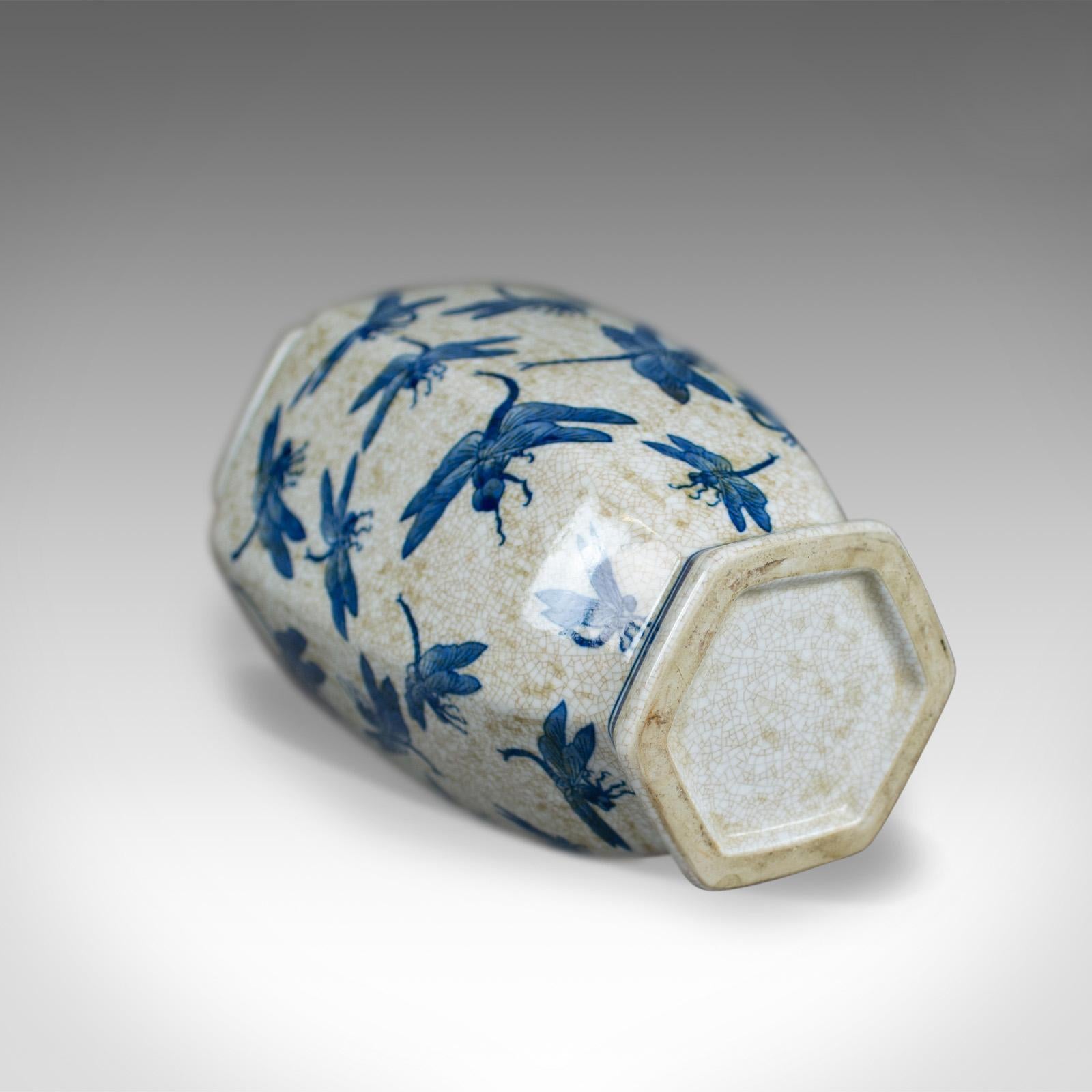 Chinese Export Chinese Baluster Vase, Oriental Hexagonal Blue and White, Dragonfly 20th Century