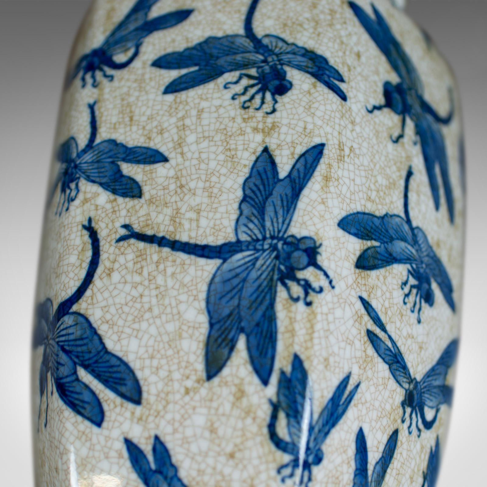 Chinese Baluster Vase, Oriental Hexagonal Blue and White, Dragonfly 20th Century In Good Condition In Hele, Devon, GB