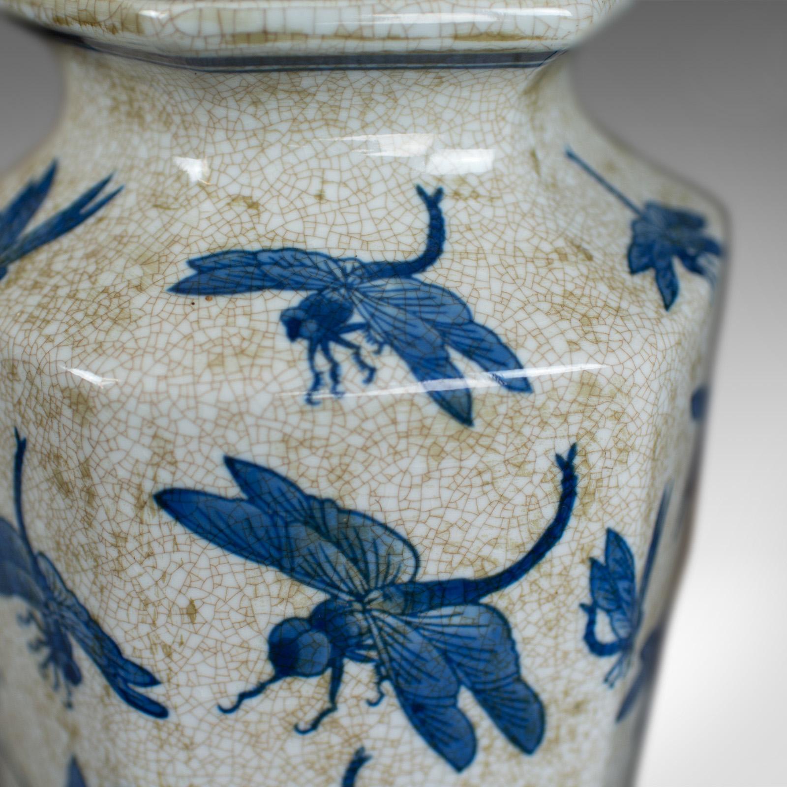Ceramic Chinese Baluster Vase, Oriental Hexagonal Blue and White, Dragonfly 20th Century