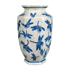 Vintage Chinese Baluster Vase, Oriental Hexagonal Blue and White, Dragonfly 20th Century
