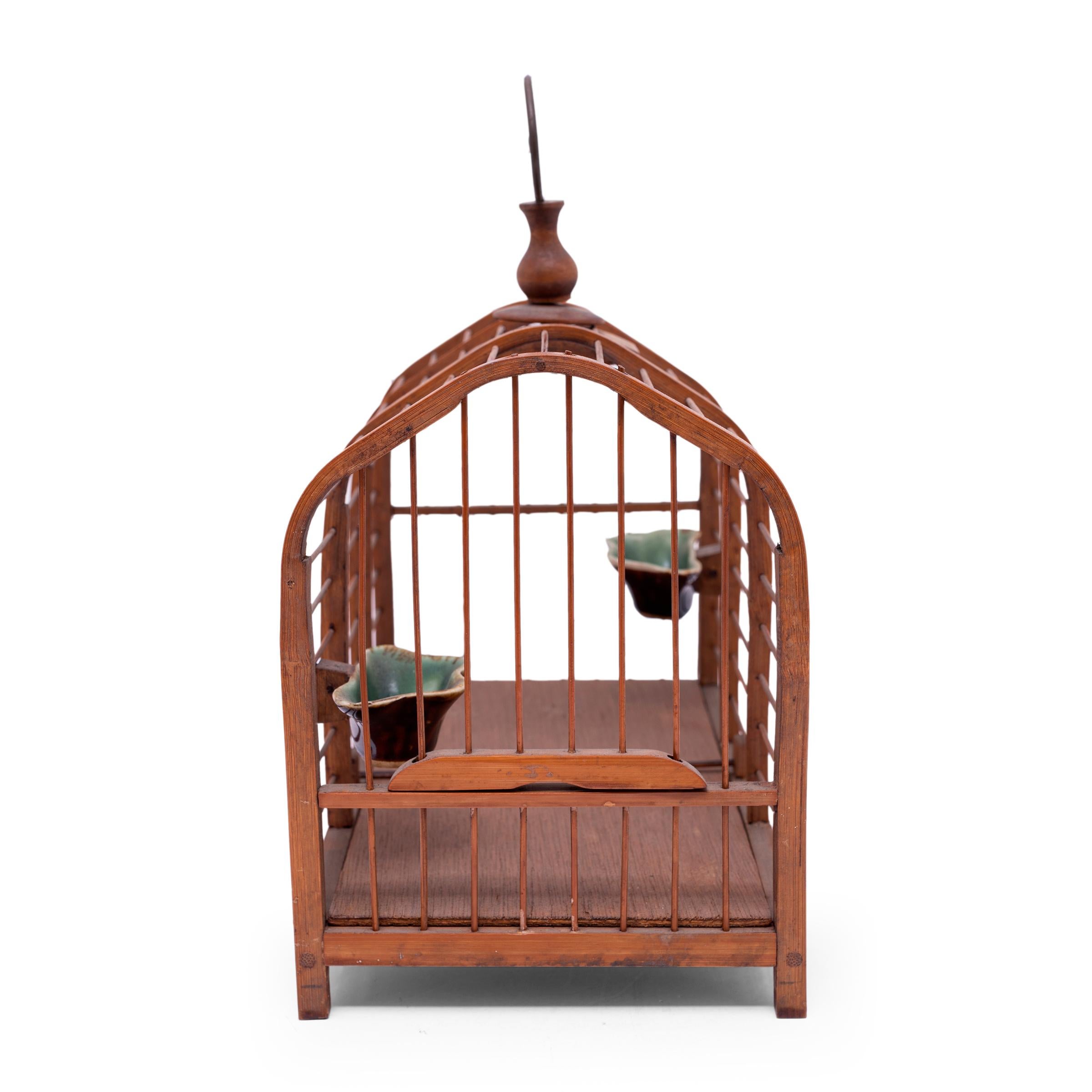 Qing Chinese Bamboo Birdcage with Celadon Dishes, c. 1900