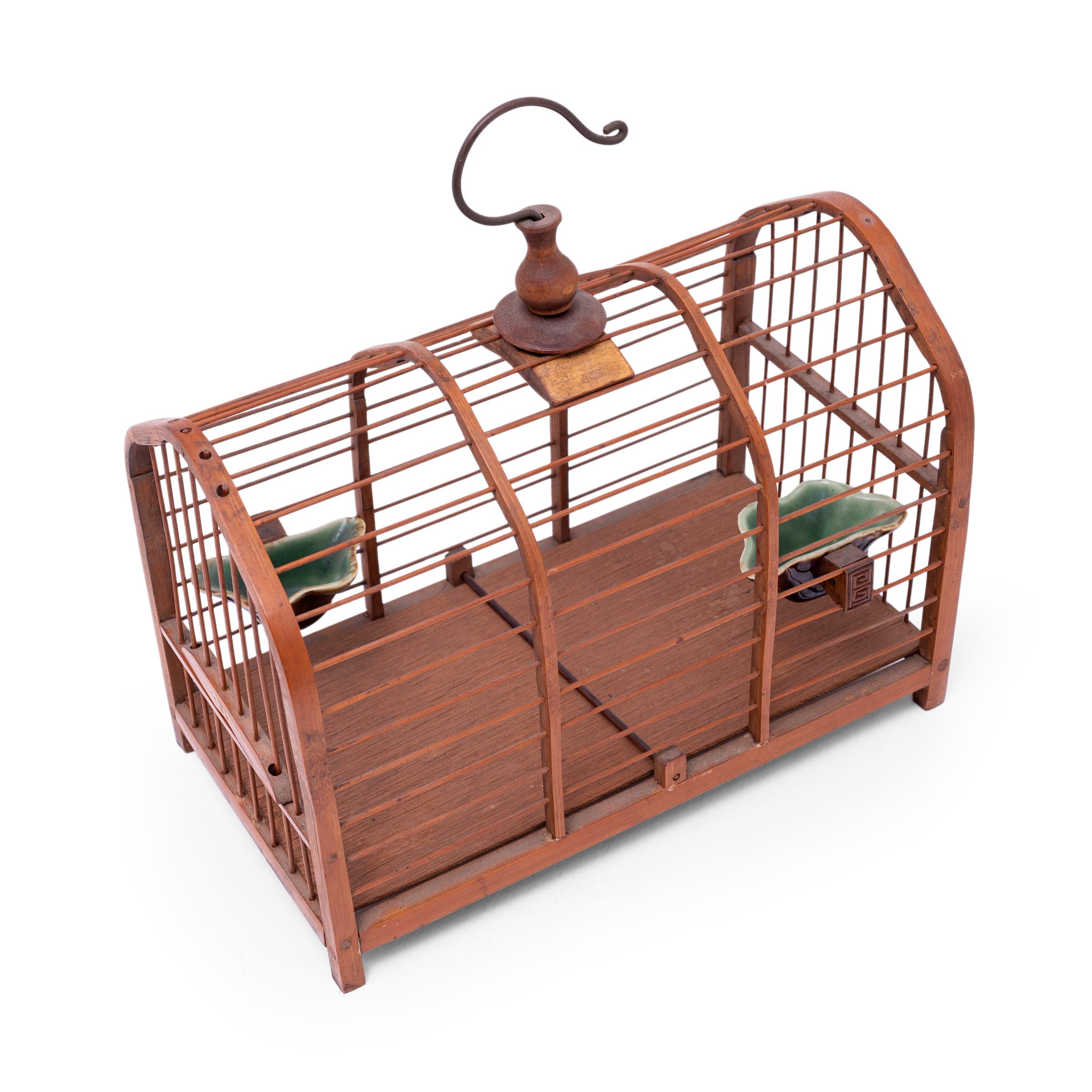 Chinese Bamboo Birdcage with Celadon Dishes, c. 1900 In Good Condition In Chicago, IL