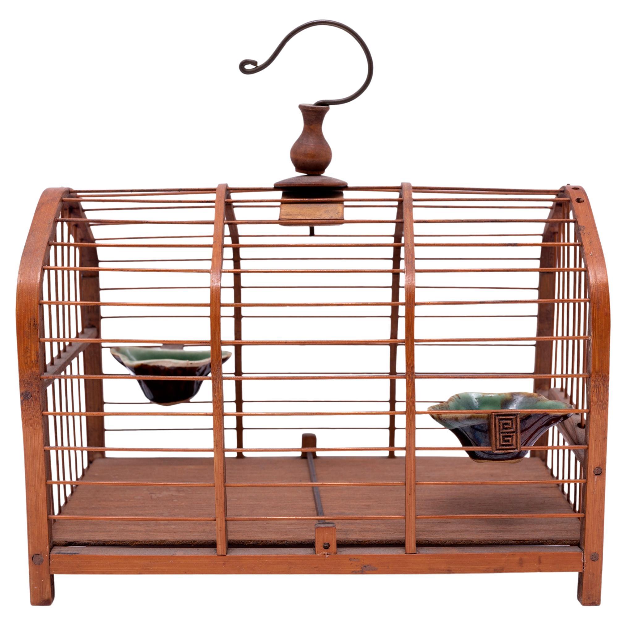 Chinese Bamboo Birdcage with Celadon Dishes, c. 1900