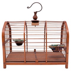 Used Chinese Bamboo Birdcage with Celadon Dishes, c. 1900