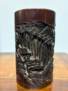 Chinese Bamboo Calligraphy Brush Holder Carved with Scholars in a Forest
