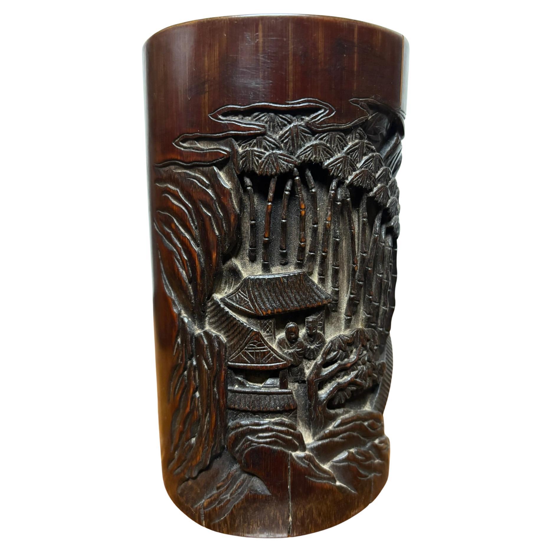 Chinese Bamboo Calligraphy Brush Holder Carved with Scholars in a Forest For Sale