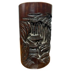 Chinese Bamboo Calligraphy Brush Holder Carved with Scholars in a Forest