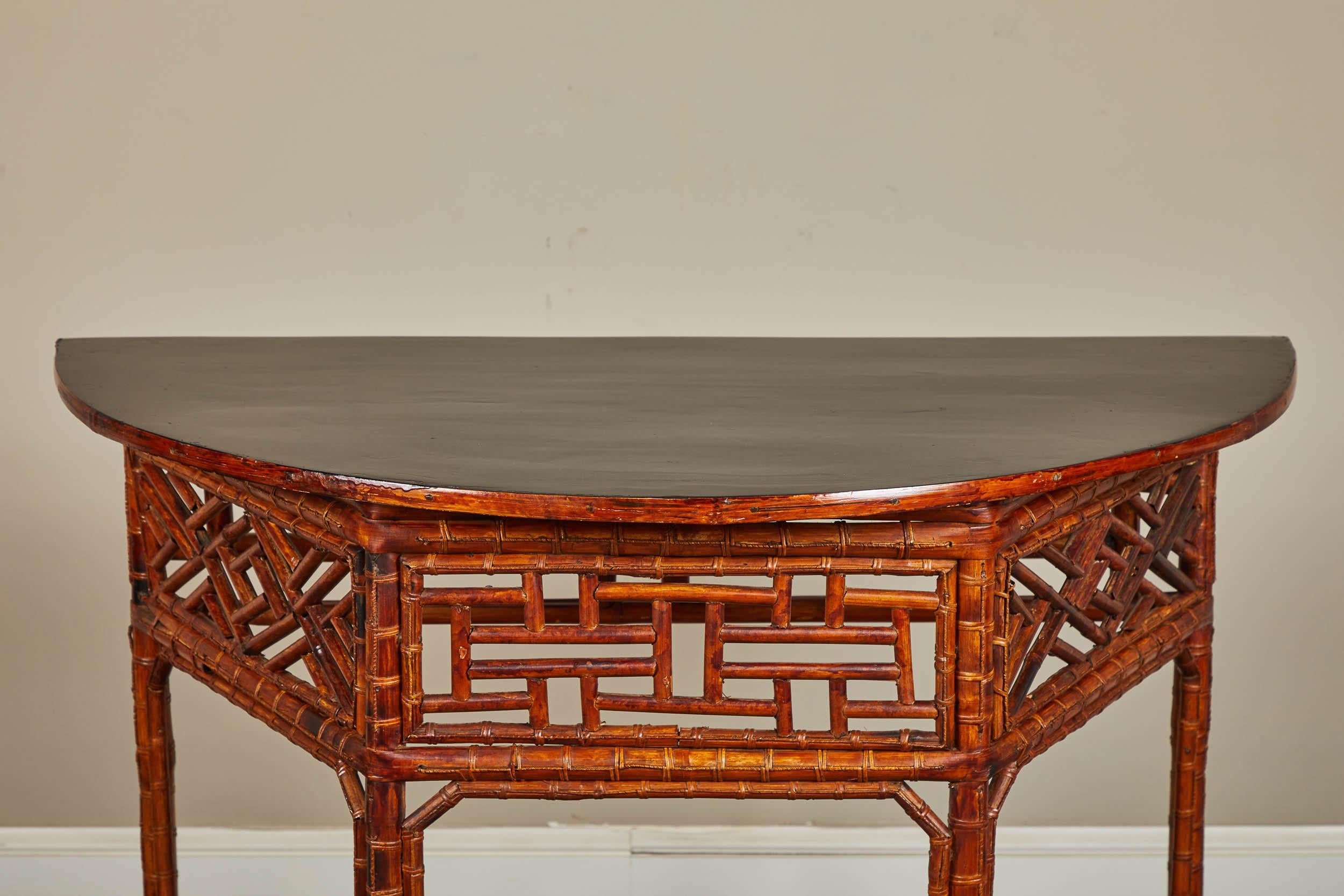 20th Century Chinese Bamboo Half Moon Table with Black Top