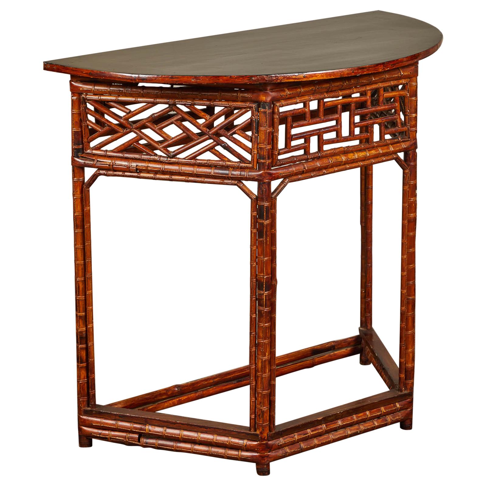 Chinese Bamboo Half Moon Table with Black Top