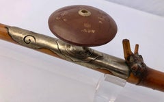 Chinese Bamboo Opium Pipe with Silver Saddle and Inscribed Yixing Bowl, 1800s