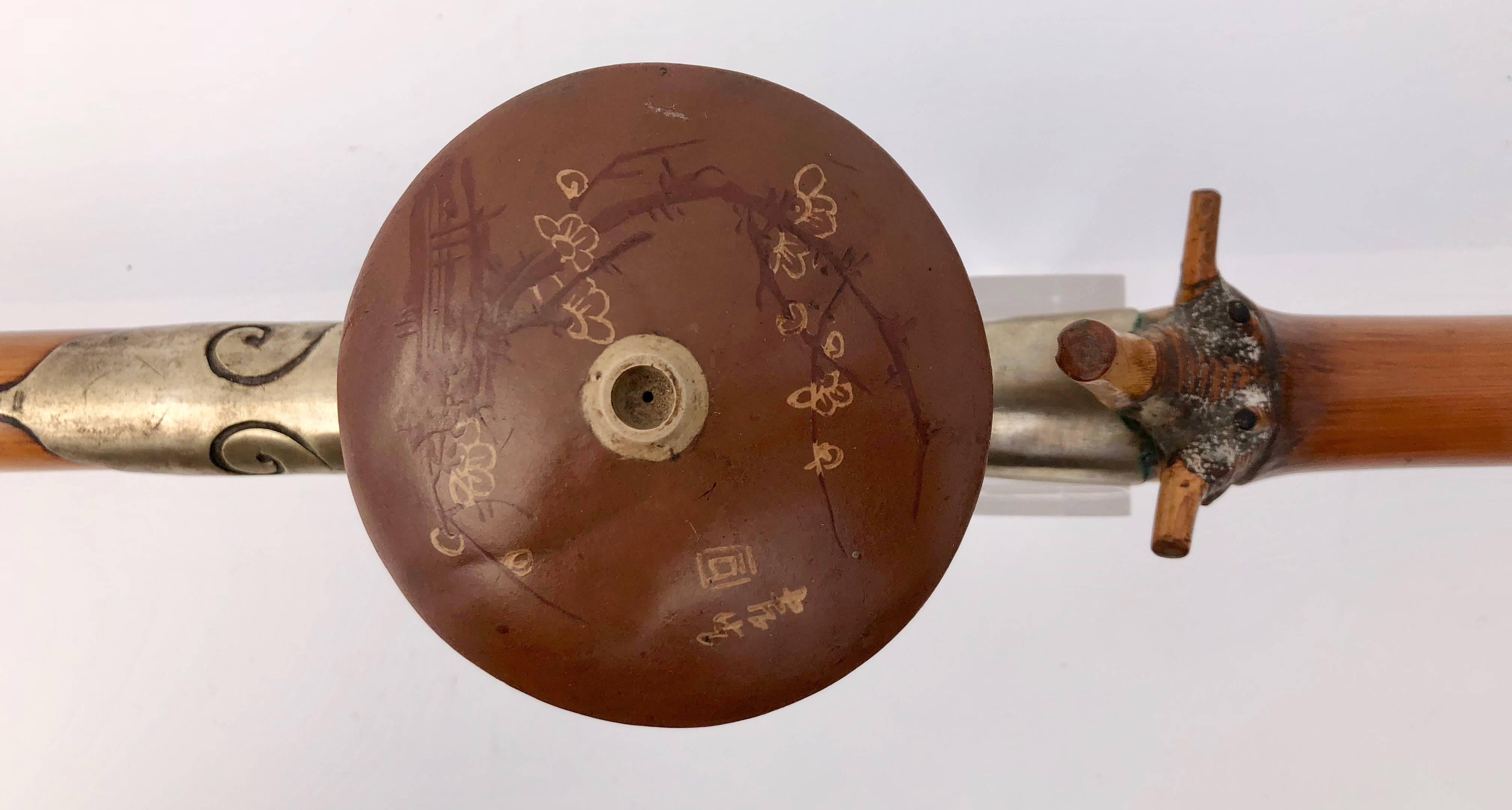 Chinoiserie Chinese Bamboo Opium Pipe with Silver Saddle and Inscribed Yixing Bowl, 1800s For Sale