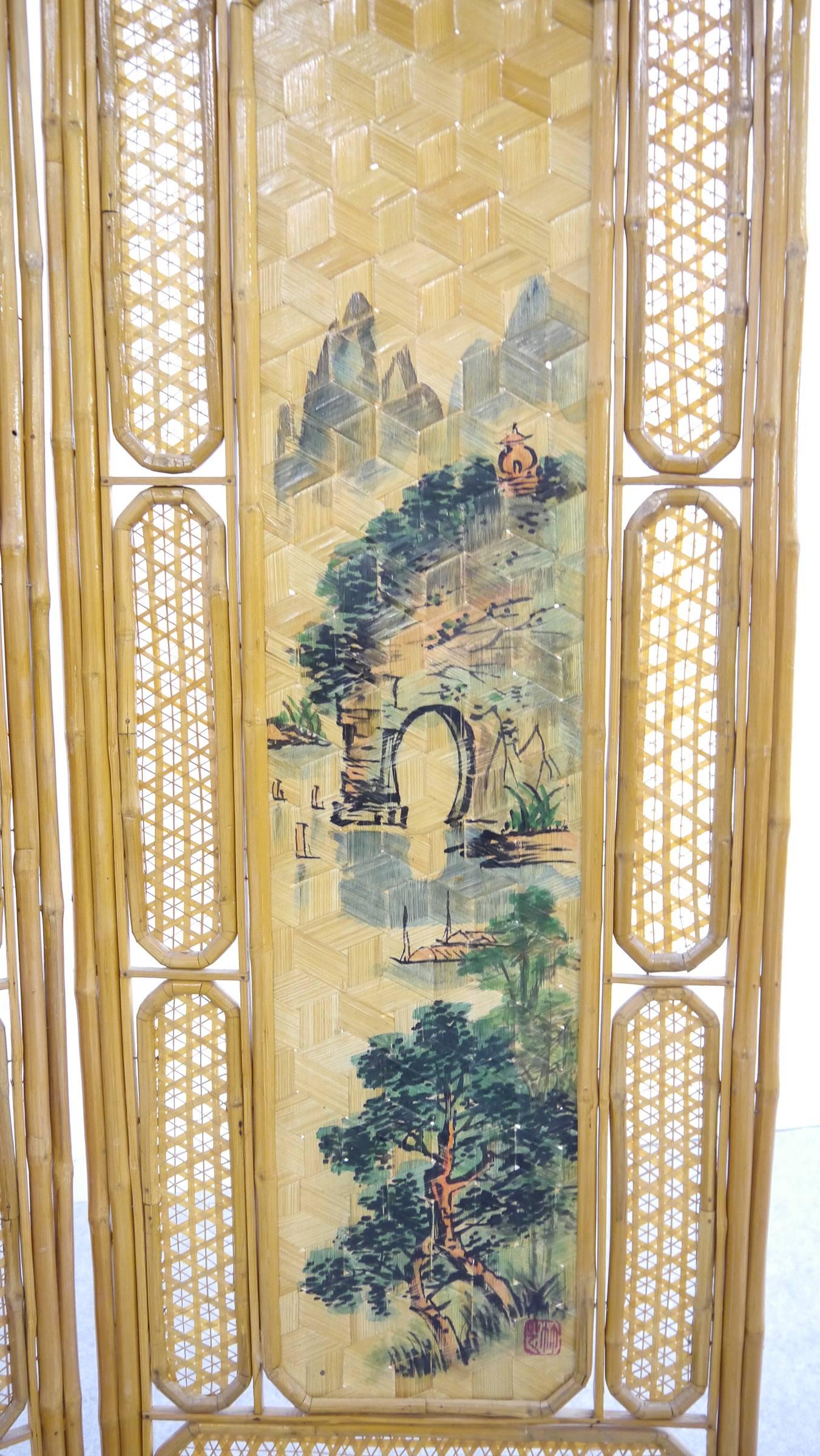 Chinese Bamboo Paravent with Landscape Paintings, 1950-1960s Four Panels 3
