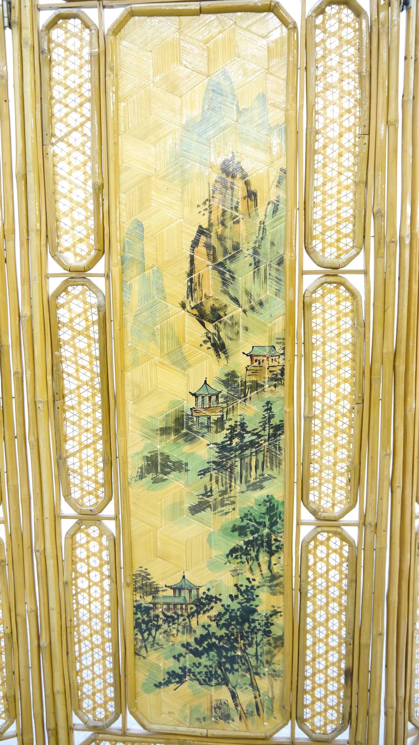 Chinese Bamboo Paravent with Landscape Paintings, 1950-1960s Four Panels 4