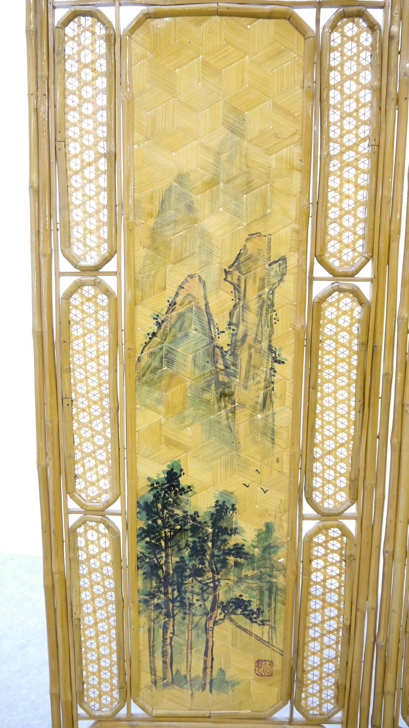 Chinese Bamboo Paravent with Landscape Paintings, 1950-1960s Four Panels 5