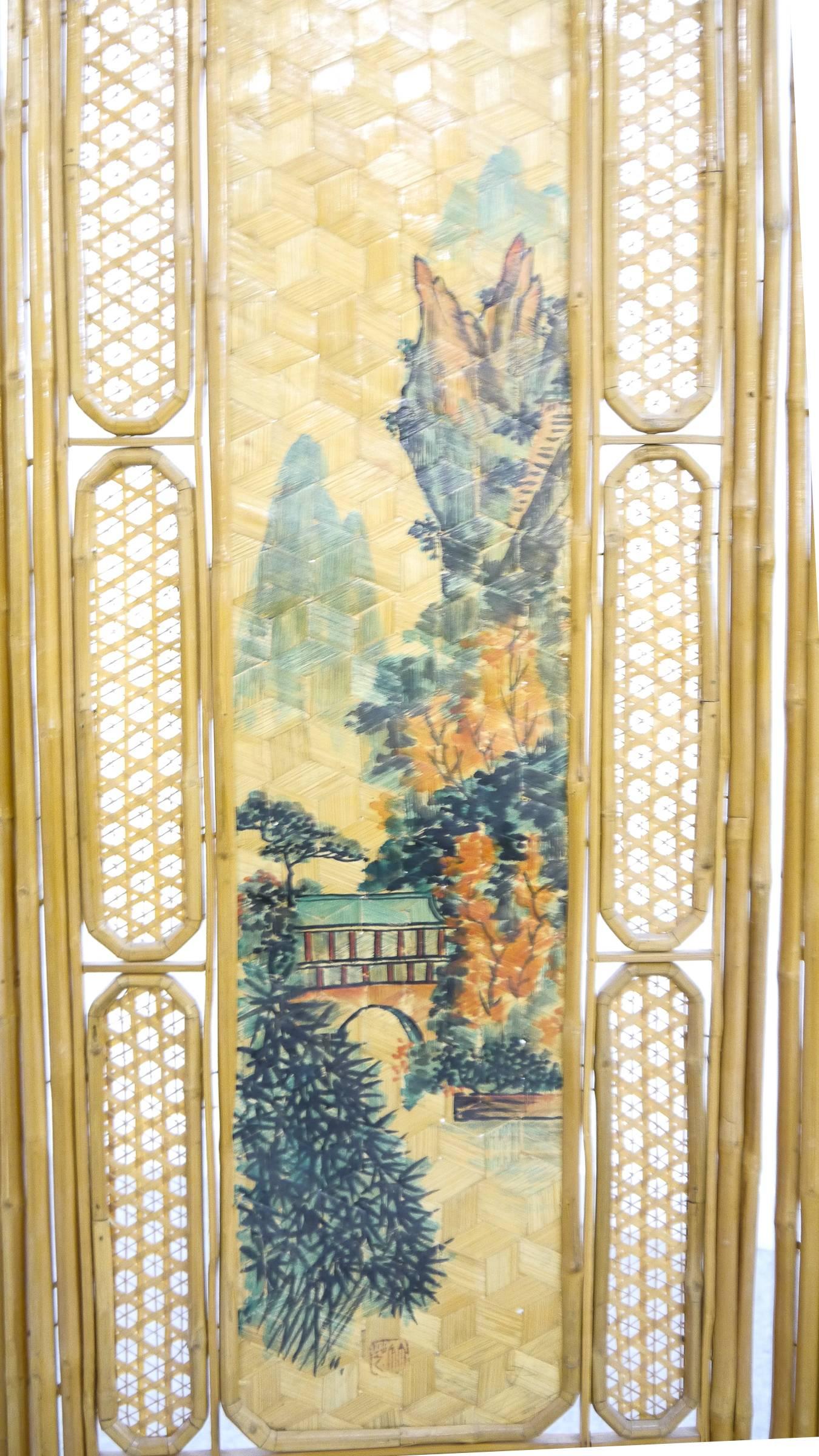 Chinese Bamboo Paravent with Landscape Paintings, 1950-1960s Four Panels 6