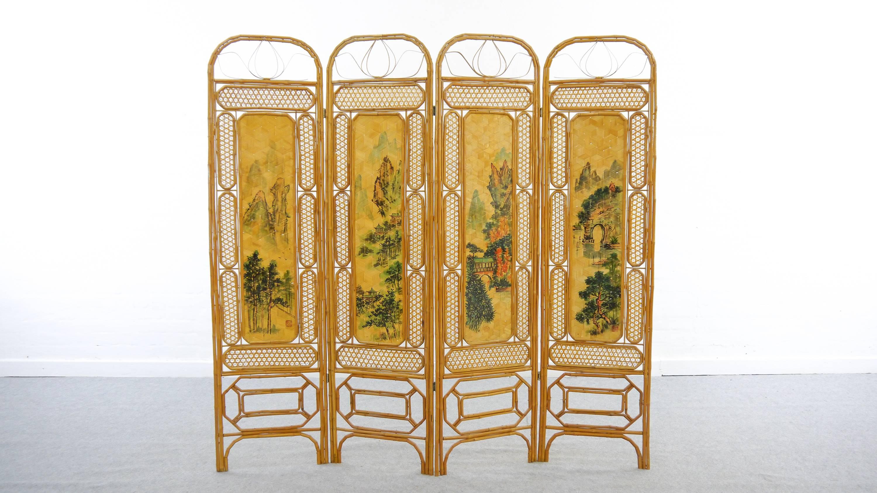 Very decorative four panel Chinese Paravent. One side is decorated with floral paintings which should represent the four Seasons. Other side is painted with landscape motives. Paintings are signed with a Chinese mark - which I can´t identify. Please