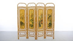 Chinese Bamboo Paravent with Landscape Paintings, 1950-1960s Four Panels