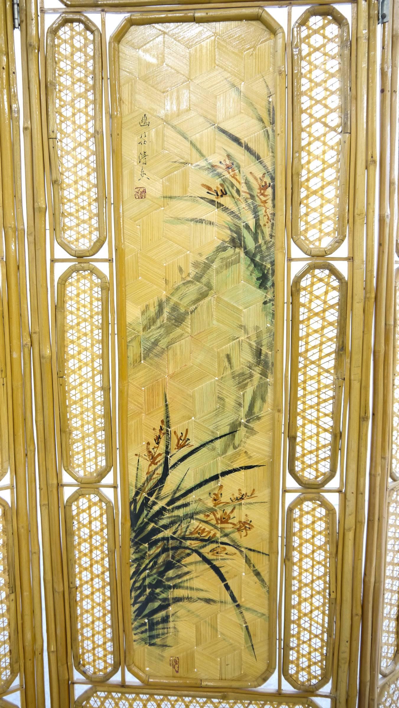 Mid-20th Century Chinese Bamboo Paravent with Landscape Paintings, 1950-1960s Four Panels