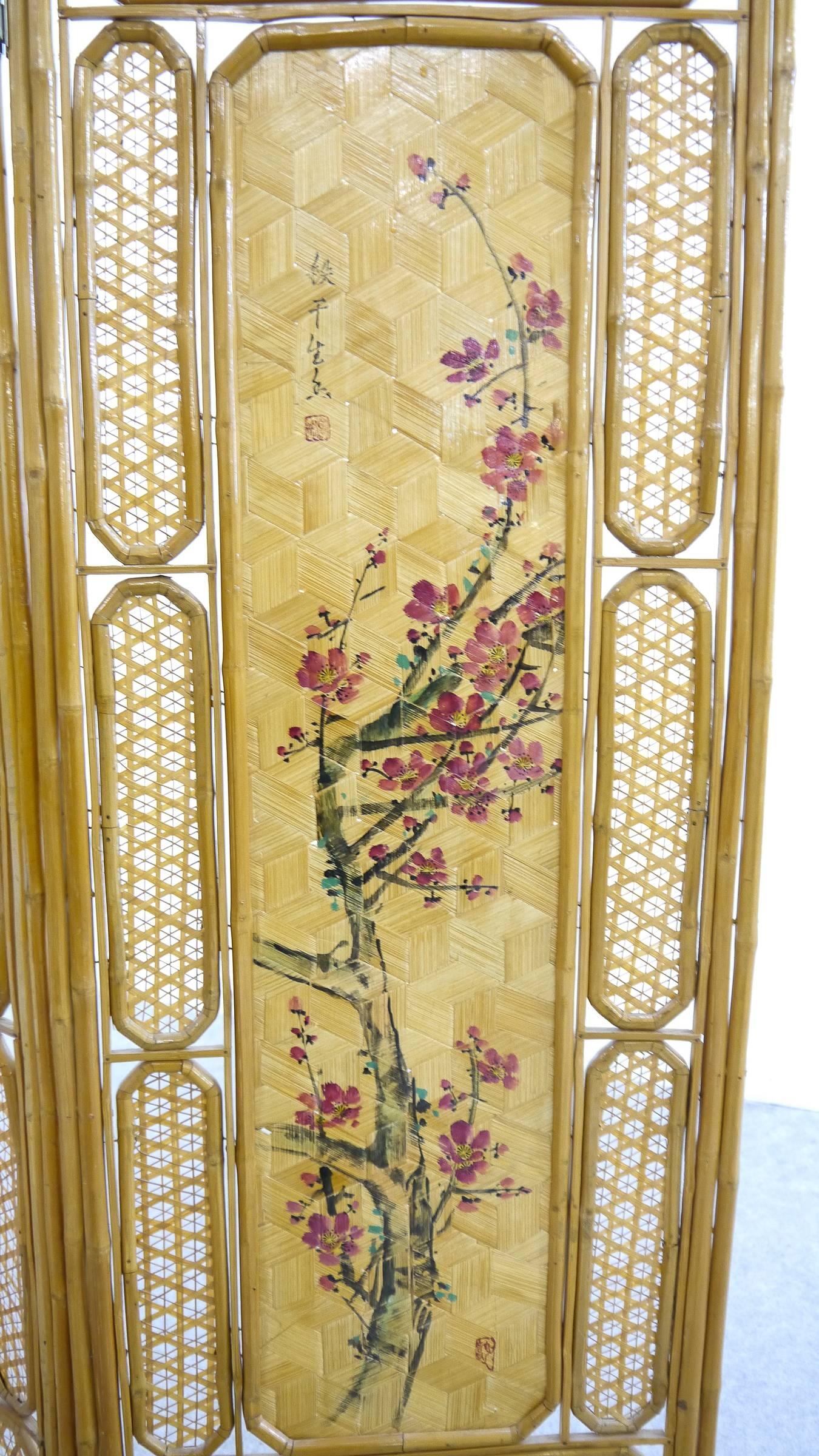 Chinese Bamboo Paravent with Landscape Paintings, 1950-1960s Four Panels 1