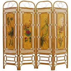 Vintage Chinese Bamboo Paravent with Landscape Paintings, 1950-1960s Four Panels