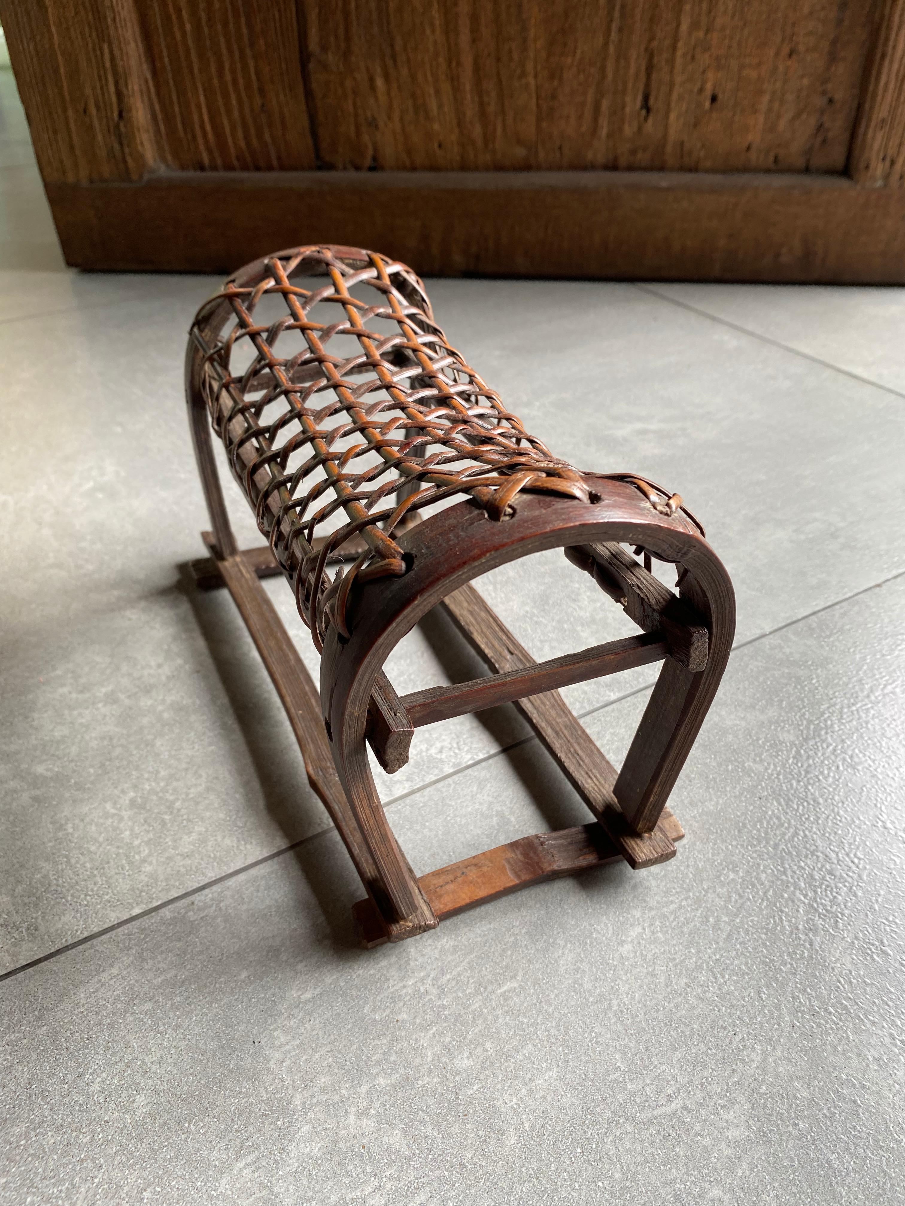 Hand-Carved Chinese Bamboo & Rattan Opium Headrest from Early 20th Century