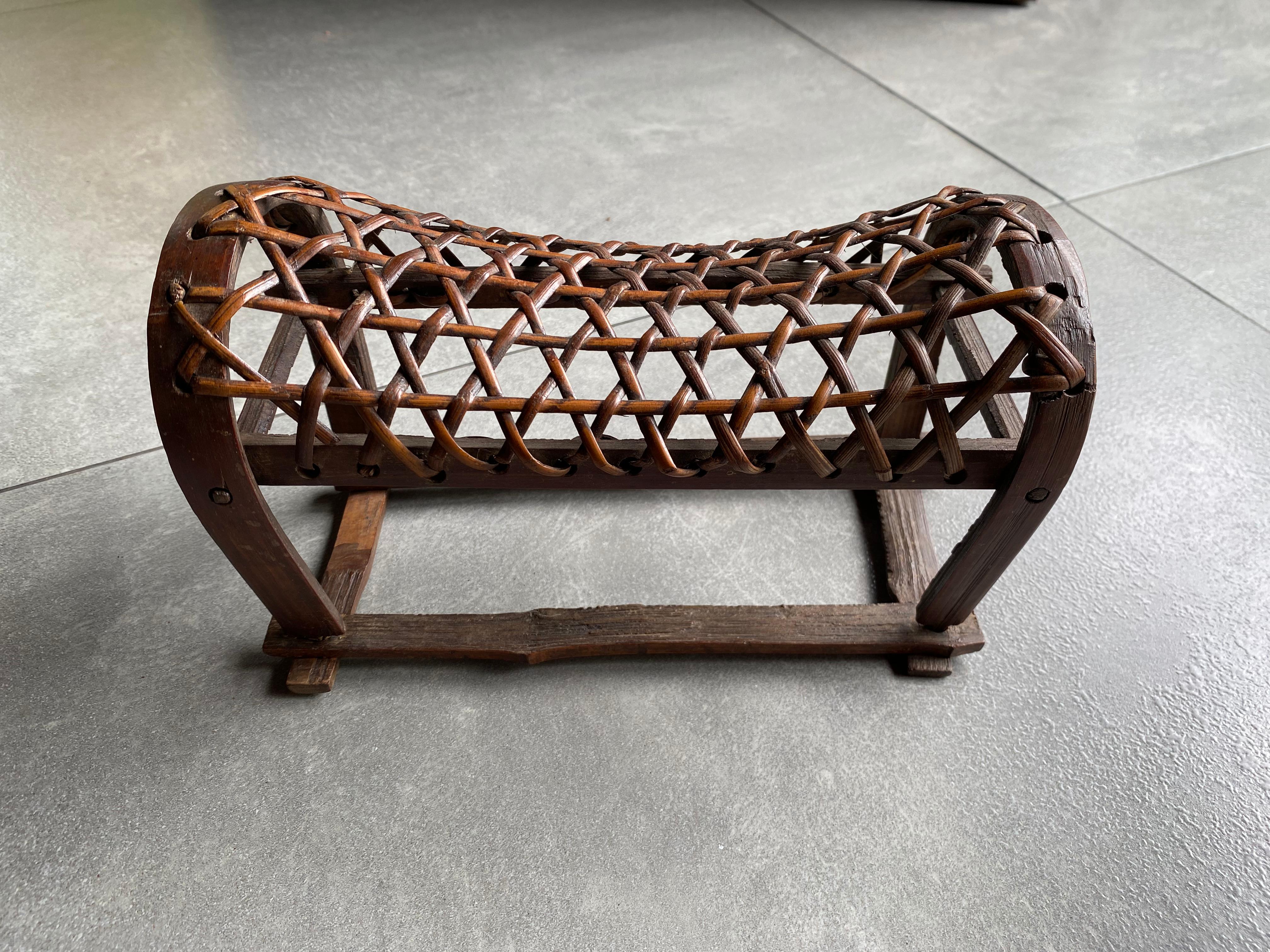 Wood Chinese Bamboo & Rattan Opium Headrest from Early 20th Century