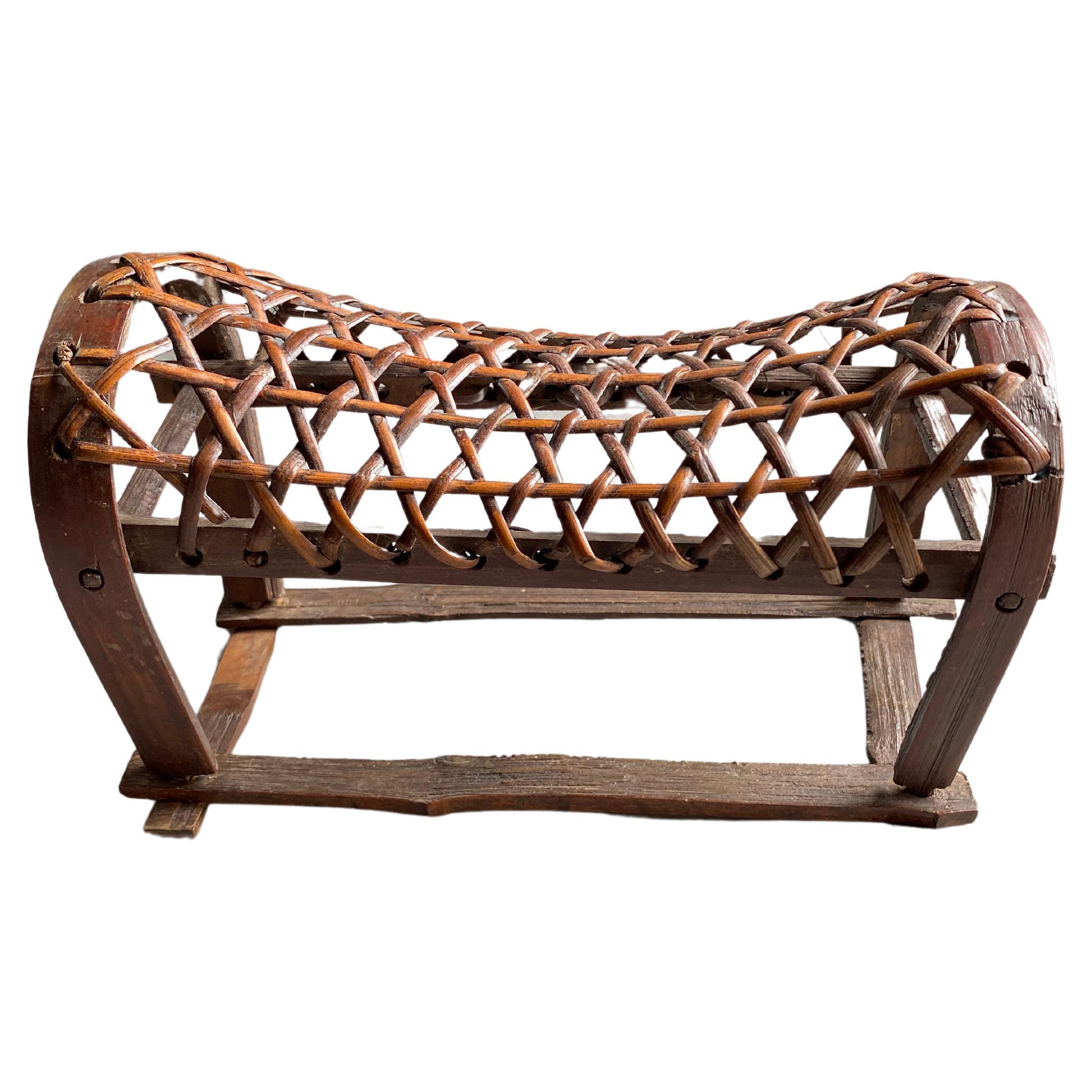 Chinese Bamboo & Rattan Opium Headrest from Early 20th Century