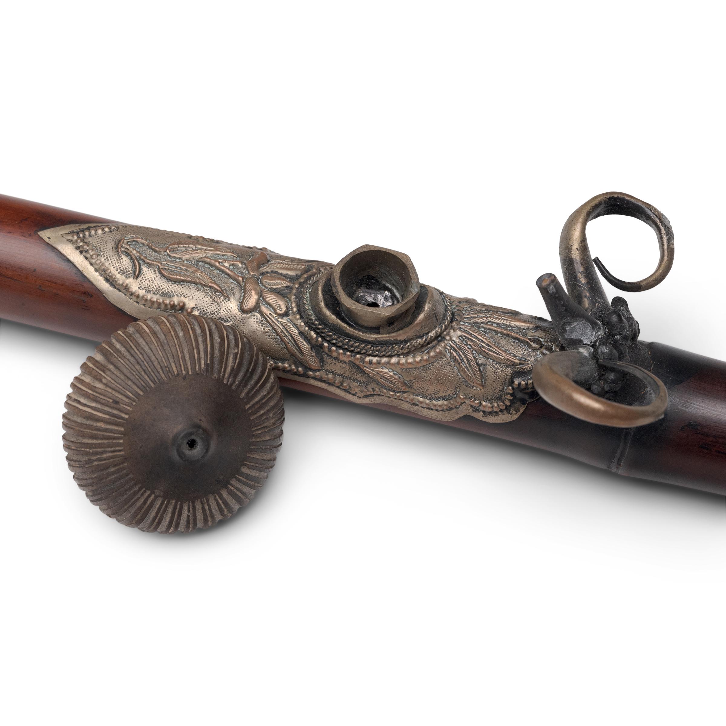 Qing Chinese Bamboo & Repoussé Opium Pipe with Poppy Bowl