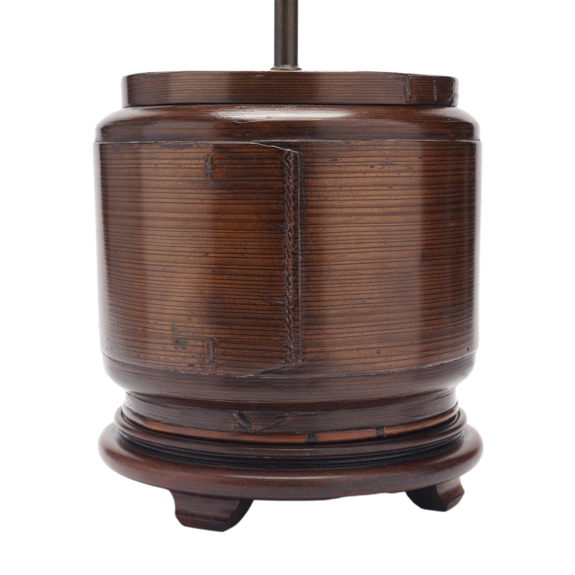 Wood Chinese bamboo rice box fitted as a lamp base, c. 1900 For Sale