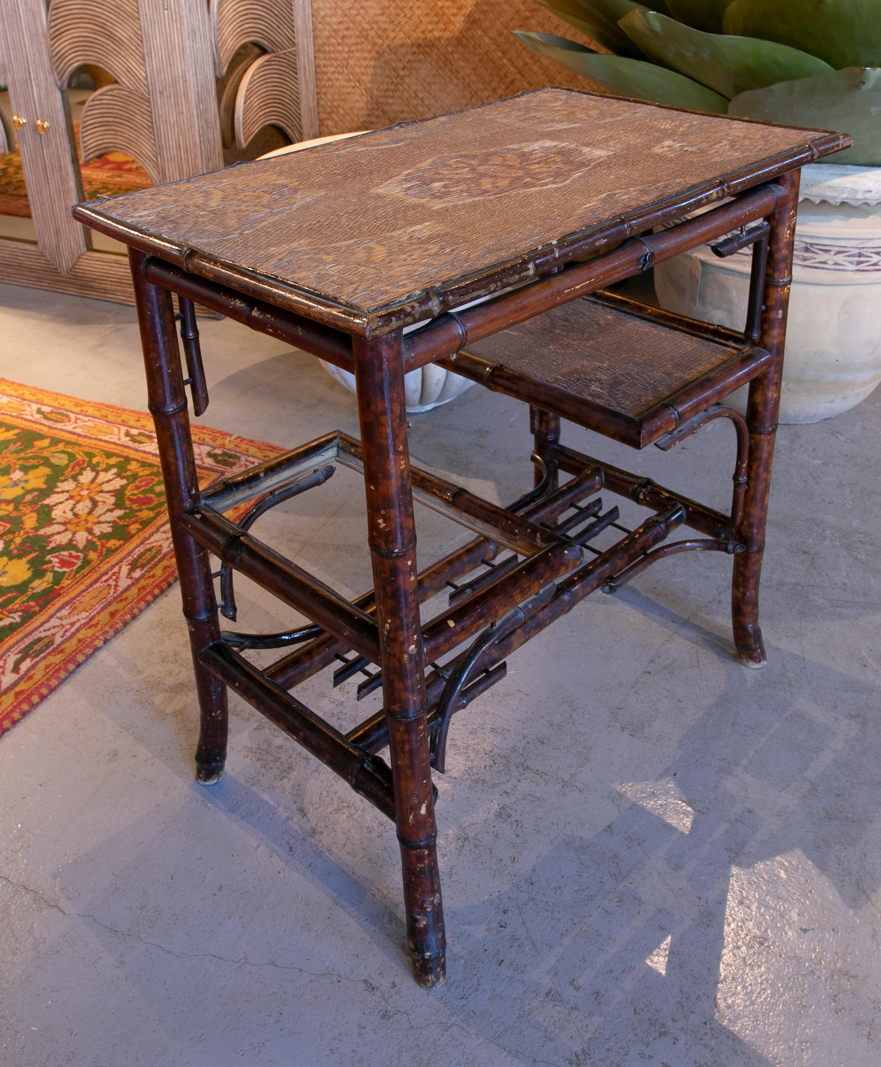 Chinese Bamboo Sidetable with Wicker Shelves and Top from the 1950ies For Sale 1