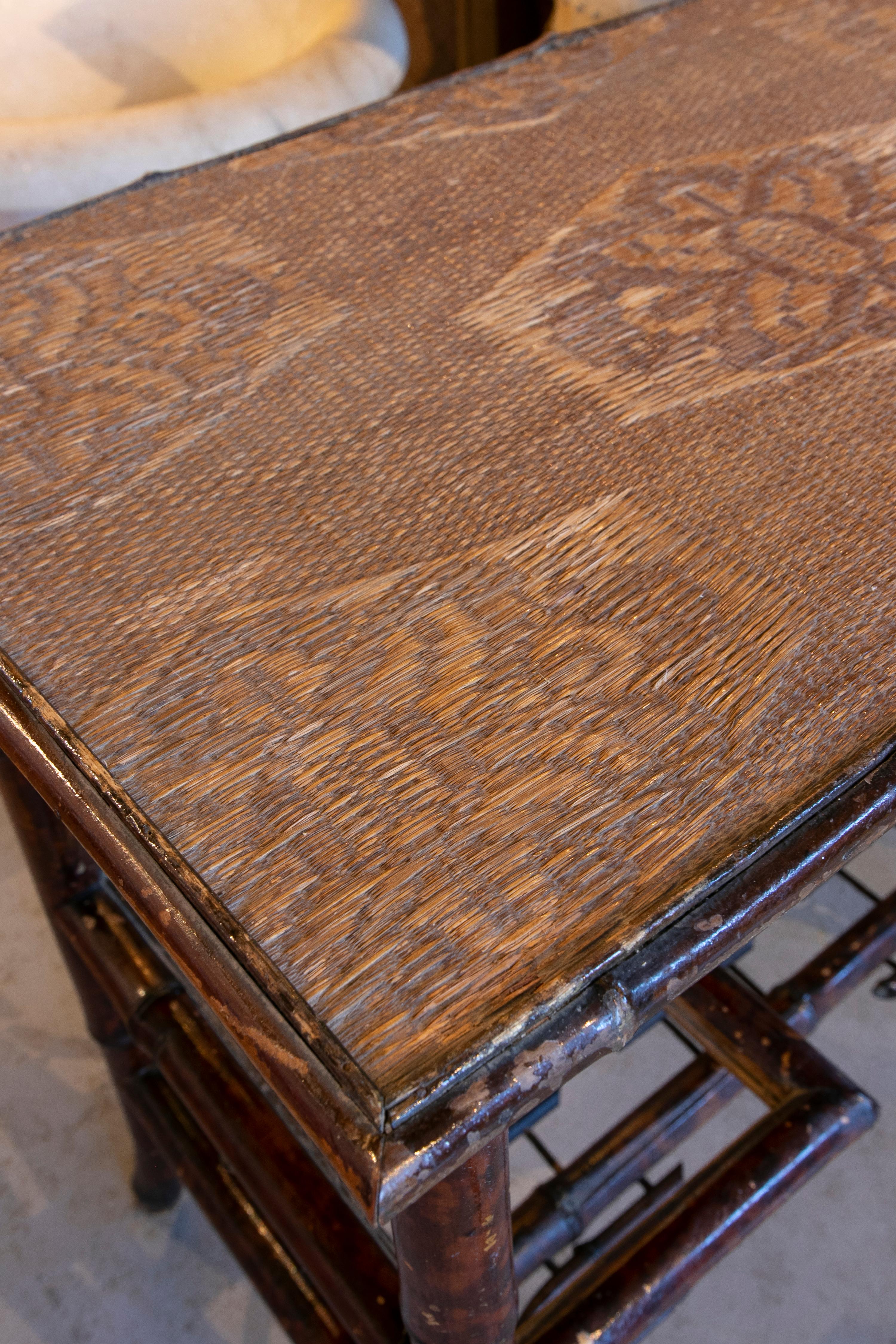 Chinese Bamboo Sidetable with Wicker Shelves and Top from the 1950ies 4